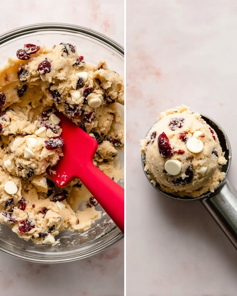 The image shows two parts: on the left, there is a clear glass bowl filled with cookie dough that has white chocolate chips and dried cranberries mixed inside. A red spatula is partially stuck into the dough on the right side of the bowl. On the right, a metal ice cream scoop holds a round portion of the same dough, with visible white chocolate chips and dried cranberries. Both parts of the image are set against a white marbled texture background. Photo taken with an iphone --ar 4:5 --v 7