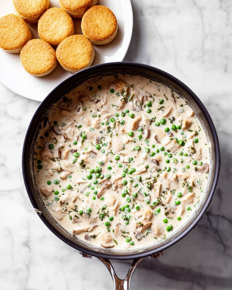 A black pan filled with creamy white sauce mixed with small green peas and tiny pieces of light brown mushrooms and chicken pieces, all evenly spread in the pan, placed on a white marbled surface. Next to the pan, there is a white plate holding six golden brown round biscuits stacked close together. photo taken with an iphone --ar 4:5 --v 7