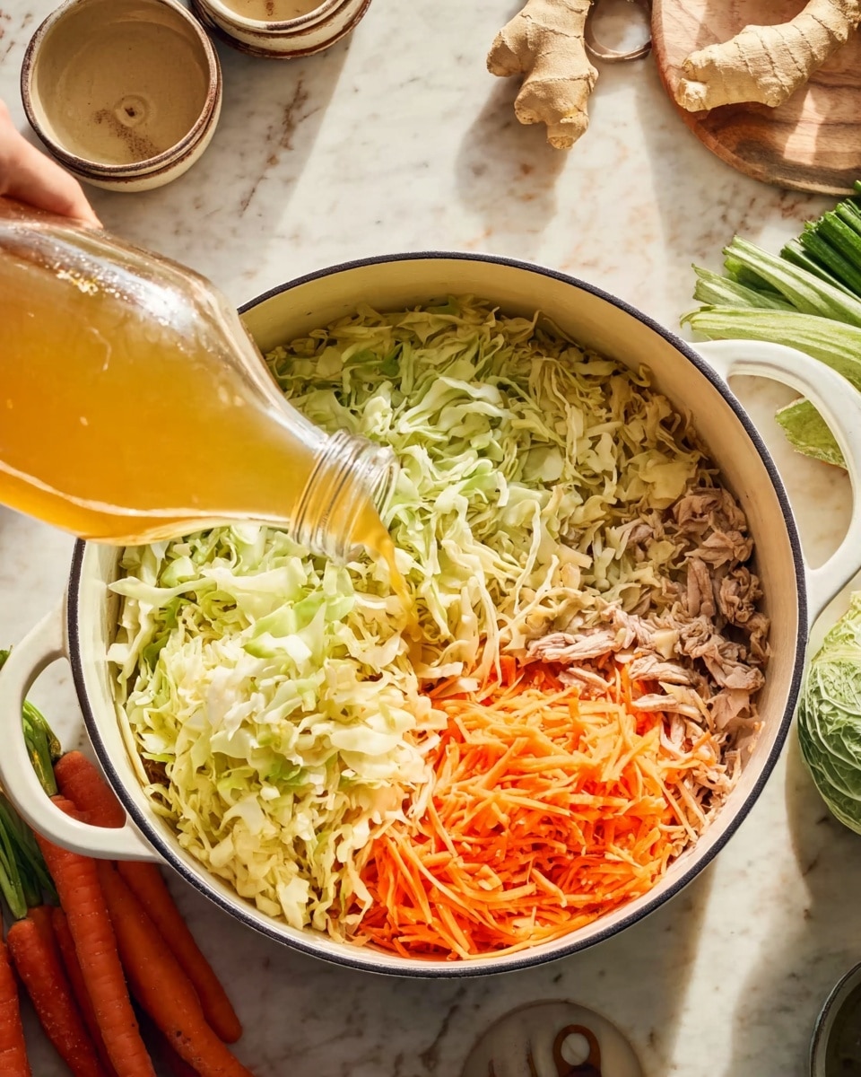 The image shows a white pot filled with layers of shredded light green cabbage on the top left and right half, bright orange grated carrots on the bottom right half, and small pieces of light-colored meat in the bottom left. A golden broth is being poured from a glass bottle held by a woman's hand from above into the pot. The pot is placed on a white marbled surface with bowls, cooking utensils, and fresh vegetables around it. Photo taken with an iphone --ar 4:5 --v 7