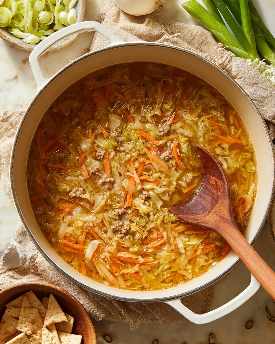 A large white pot filled with warm soup made of three main layers: a clear orange broth base, an even mix of shredded light green cabbage and thin orange carrot strips floating throughout, and small bits of light brown meat spread evenly on top, with a wooden spoon resting inside the pot scooping some soup. The pot sits on a natural beige cloth with other ingredients like chopped cabbage, whole green onions, and a bowl of square crackers nearby on a white marbled surface, photo taken with an iphone --ar 4:5 --v 7