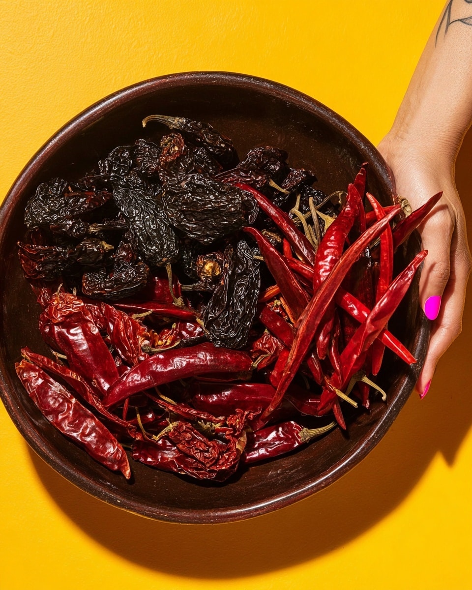 A large dark brown bowl filled with three types of dried chilies: shiny deep red long chilies spread all around at the bottom and sides, wrinkled black chilies clustered at the top center, and a small bunch of thin bright red chilies held in a woman's hand on the right side. Another woman's hand with bright pink nail polish supports the bowl from the left side. The background is bright yellow, and the whole scene has a vibrant and textured look. photo taken with an iphone --ar 4:5 --v 7
