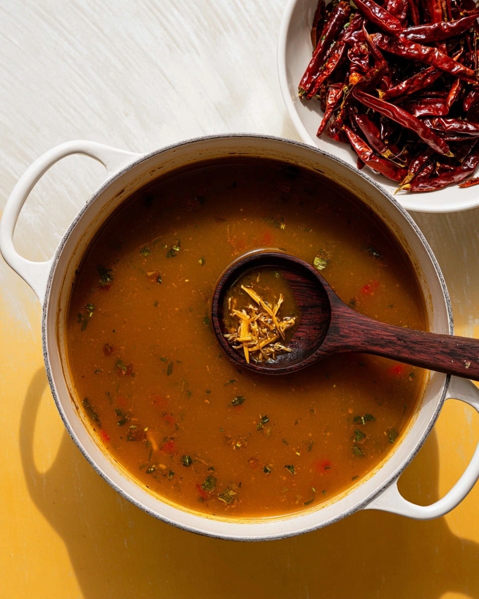 A white pot filled with brown soup that has small bits of vegetables and herbs floating in it, with a dark wooden ladle resting inside the soup near the middle, holding a small amount of the soup and some shredded pieces. Next to the pot, a white bowl is partially visible filled with deep red dried chili peppers. The surface beneath the dishes is a white marbled texture with bright yellow light casting soft shadows. photo taken with an iphone --ar 4:5 --v 7