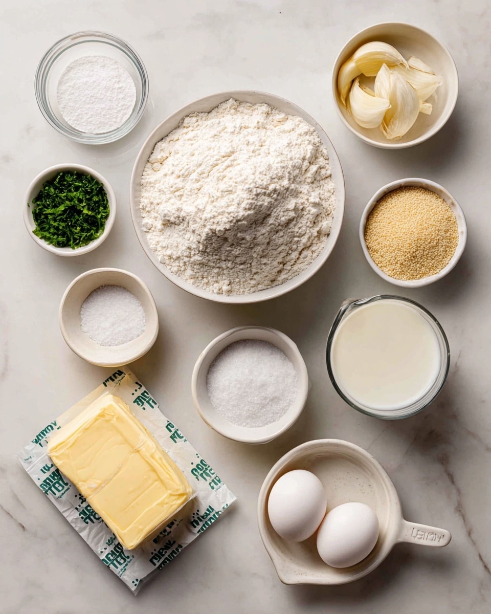 The image shows various baking ingredients arranged neatly on a white marbled surface. In the center, there is a white bowl filled with a mound of white flour. Above the flour, a small white bowl contains soft yellow garlic. To the right of the garlic, a small white bowl holds beige yeast granules. Next to the yeast, a clear glass holds white milk. Below the milk, another white bowl contains a single white egg. Below the flour, a block of golden yellow butter wrapped in a branded wrapper lies flat. To the left of the butter, there is a small white bowl with white salt. Above the salt, another small white bowl contains white sugar. Above the sugar, a white measuring cup holds chopped green parsley. The whole arrangement is clean and orderly, with each ingredient clearly visible and labeled. photo taken with an iphone --ar 4:5 --v 7