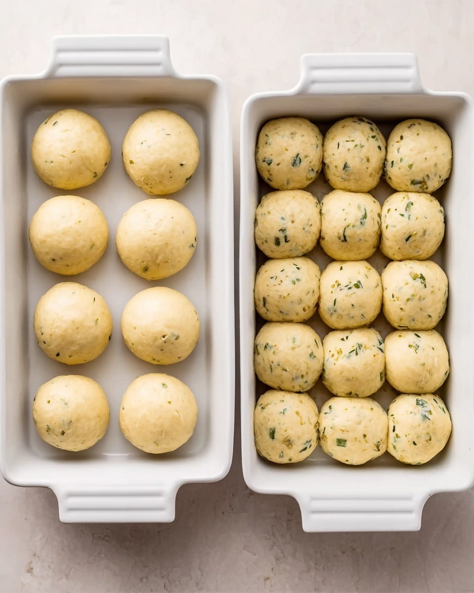 The image shows two white rectangular baking dishes each filled with dough balls. In the left dish, there are 12 round dough balls evenly spaced in three rows of four, smooth and light golden in color with green herbs visible inside. The right dish shows 15 dough balls of the same size and texture, now closer together and risen, filling the dish in three rows of five. Both dishes sit on a white marbled surface. Photo taken with an iphone --ar 4:5 --v 7