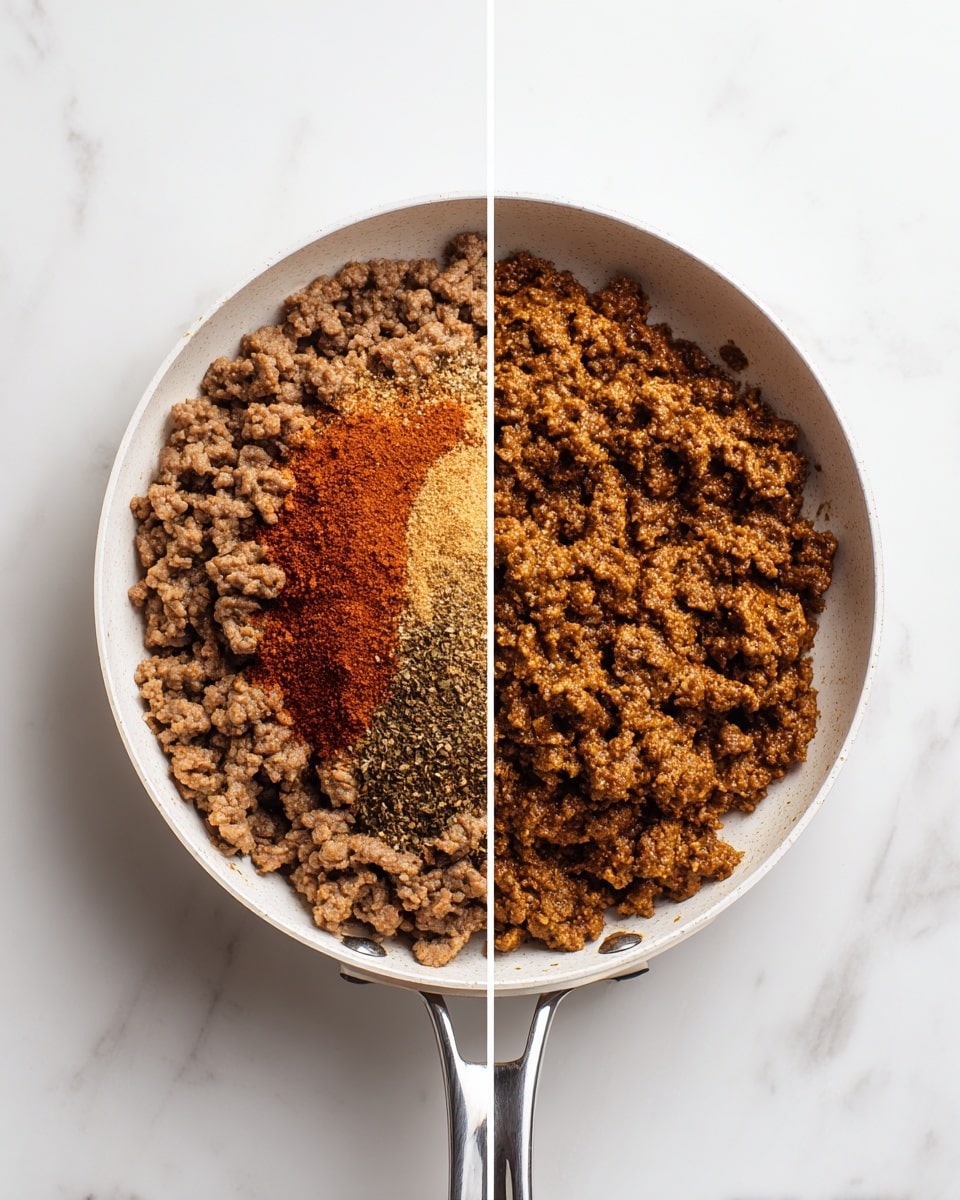 The image shows two side-by-side views of a white pan on a white marbled surface. The left side has cooked ground meat that is light brown with a pile of reddish-brown spice mix in the middle, sitting on top of the meat. The right side shows the same ground meat after the spices have been mixed in, turning the meat into a more uniform rich brown color with a slightly moist texture. The pan has a silver handle visible in both views. Photo taken with an iphone --ar 4:5 --v 7