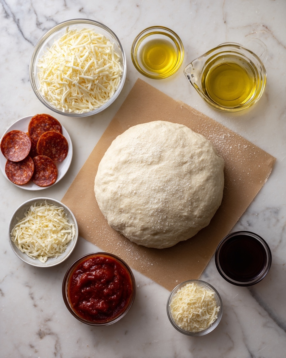 The image shows raw ingredients for making a pizza arranged neatly on a white marbled surface. There is a large round ball of pale beige pizza dough dusted lightly with flour placed on brown parchment paper. Surrounding it are small clear glass bowls filled with different ingredients: one bowl has finely grated pale yellow Parmesan cheese, another is filled with shredded mozzarella cheese that is soft and slightly glossy, a third bowl contains round slices of reddish-brown pepperoni, a fourth bowl holds bright golden olive oil, and the last bowl is filled with deep red pizza sauce that looks smooth and thick. photo taken with an iphone --ar 4:5 --v 7