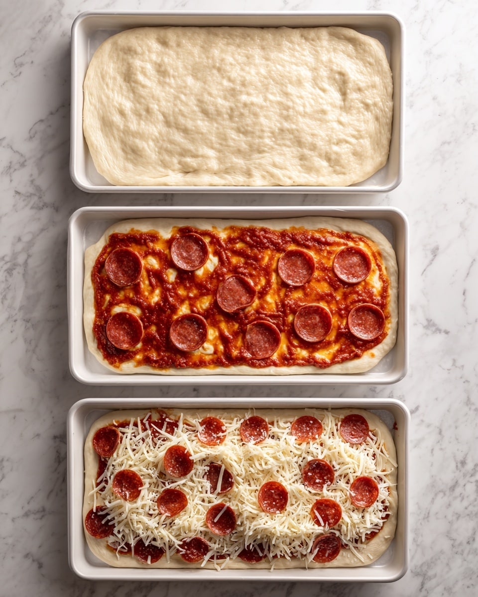 The image shows three stages of making a pizza on white trays, placed on a white marbled surface. The first stage is a plain, rectangular pizza dough with a smooth and slightly puffy texture. The second stage has the same dough covered with a thick, red tomato sauce, spread evenly but with some uneven texture in the sauce. The third stage adds shredded white cheese scattered on top of the sauce, and slices of round, reddish-brown pepperoni layered randomly over the cheese, giving a classic pizza look. Photo taken with an iphone --ar 4:5 --v 7