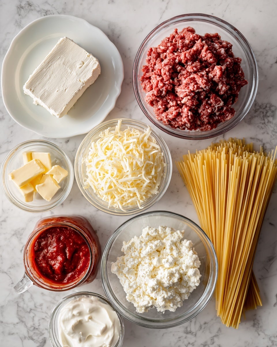 The image shows several ingredients arranged neatly on a white marbled surface. There is a white plate with a block of cream cheese in the top left corner. Next to it, on the right, a clear glass bowl filled with raw ground meat. Below the plate, on the left side, a small glass bowl with chunks of butter sits next to a jar filled with red pasta sauce. In the center, there is a glass bowl with shredded cheese. Below the center bowl is another clear bowl filled with cottage cheese. To the right of the cottage cheese bowl, uncooked spaghetti sticks stand upright inside a clear measuring cup. Above the cottage cheese and to the left of the spaghetti, there is a small glass bowl holding a white sour cream. All items are spaced evenly on the white marbled surface. Photo taken with an iphone --ar 4:5 --v 7