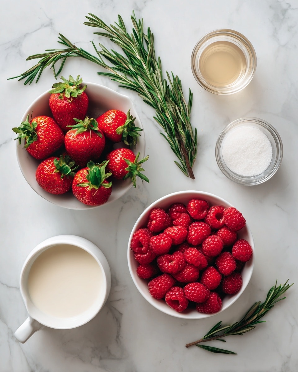 The image shows ingredients on a white marbled surface arranged neatly. There is a small white bowl full of fresh red raspberries at the center right. To the left, a white bowl full of bright red strawberries with green leaves is placed. Above the berries is a small bundle of green rosemary sprigs. On the right side, there is a small glass container of beige vanilla liquid, a tiny white bowl of white sugar, and a clear glass jug filled with thick, light cream. Everything is spaced out clearly, showing fresh and colorful ingredients. Photo taken with an iphone --ar 4:5 --v 7