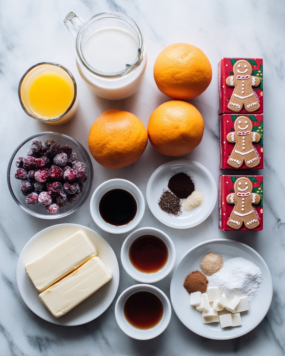 The image shows various ingredients arranged neatly on a white marbled surface. In the top center, there is a glass jar filled with milk. Below it, there are two bright orange oranges placed side by side. To the right of the oranges, two red boxes of Walkers Gingerbread men shortbread are standing upright, decorated with a gingerbread man illustration. Below the boxes, a small clear glass holds orange juice. To the left of the oranges, a clear bowl contains a mix of frozen red and dark berries. Below this bowl, two small white bowls hold dark brown vanilla extract and bright red liquid respectively. In the center, two white bowls are filled with white powdered sugar and white chocolate chips. To the right bottom, a white plate holds two blocks of cream cheese. Lastly, on the lower left, a white bowl shows various spices and sugar arranged in small piles. photo taken with an iphone --ar 4:5 --v 7