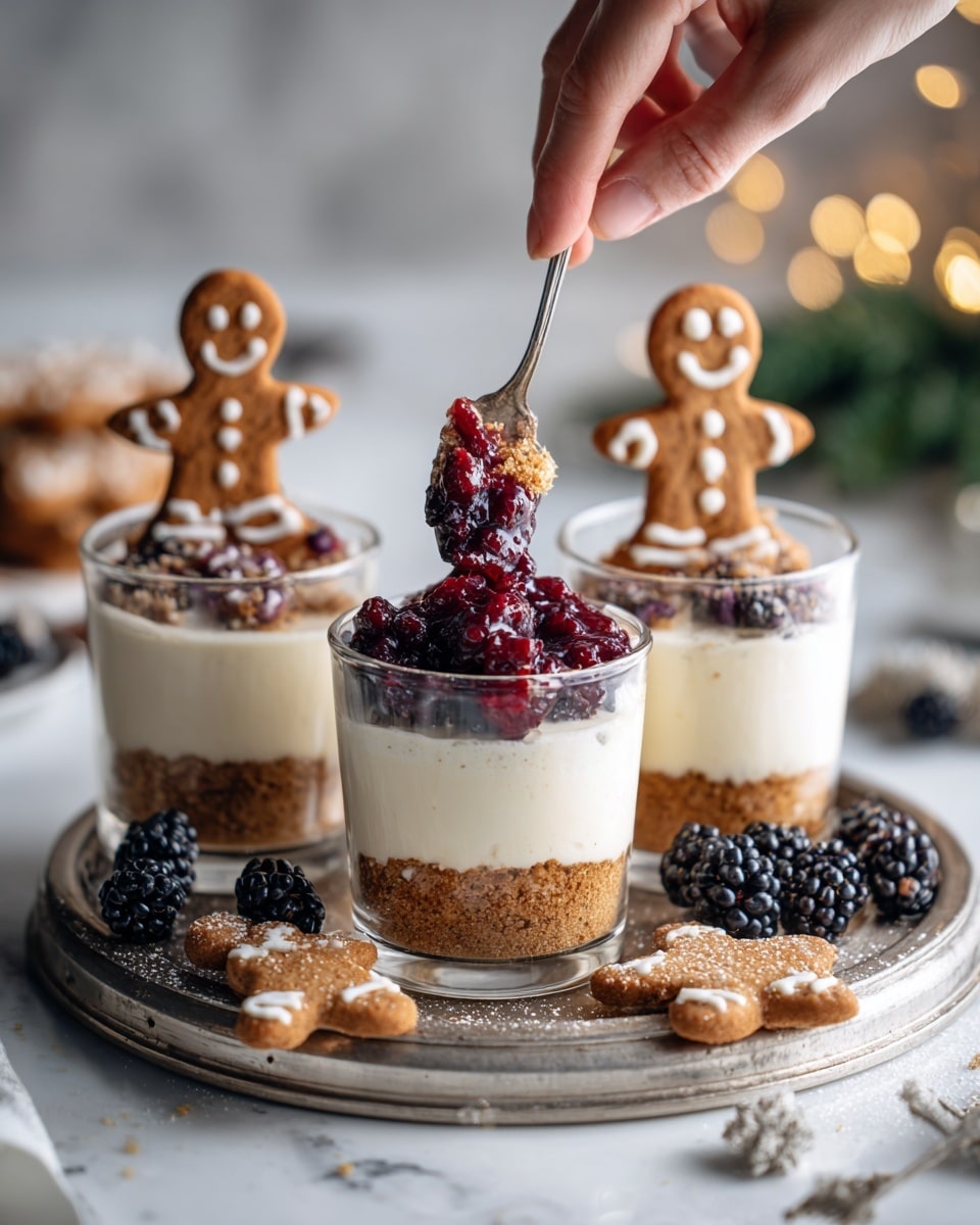 The image shows three small clear glass cups on a round silver tray placed on a white marbled surface. Each cup has three visible layers: a crumbly light brown base, a thick creamy white middle layer, and fruit topping being added. One cup is topped with a mix of dark red and purple berry compote, spooned on by a woman's hand holding a silver spoon. Another cup in the back holds a similar berry topping along with a smiling gingerbread cookie standing upright. The third cup has only the crumb layer and creamy white layer visible. Around the tray, there are more gingerbread cookies and fresh blackberries scattered. The scene features soft natural lighting creating a cozy and festive feel photo taken with an iphone --ar 4:5 --v 7