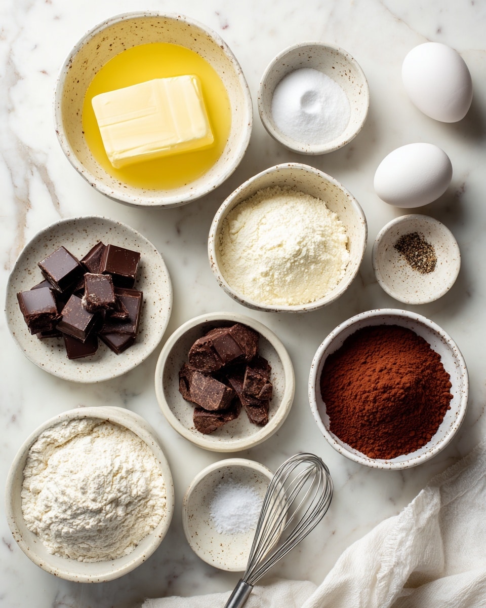 The image shows nine small white bowls and one small white speckled bowl arranged on a white marbled surface. Each bowl contains a baking ingredient: one with a block of butter in melted yellow liquid, one with fine white powder, one with a white granular substance, one with pale brownish-beige flour, one with dark chocolate chunks, one with reddish-brown cocoa powder, one with white powder, one with white milk, and one small bowl has salt and another spice. Nearby are three white eggs and a small metal whisk on the same white marbled surface, with a white cloth partly visible in the corner. Photo taken with an iphone --ar 4:5 --v 7