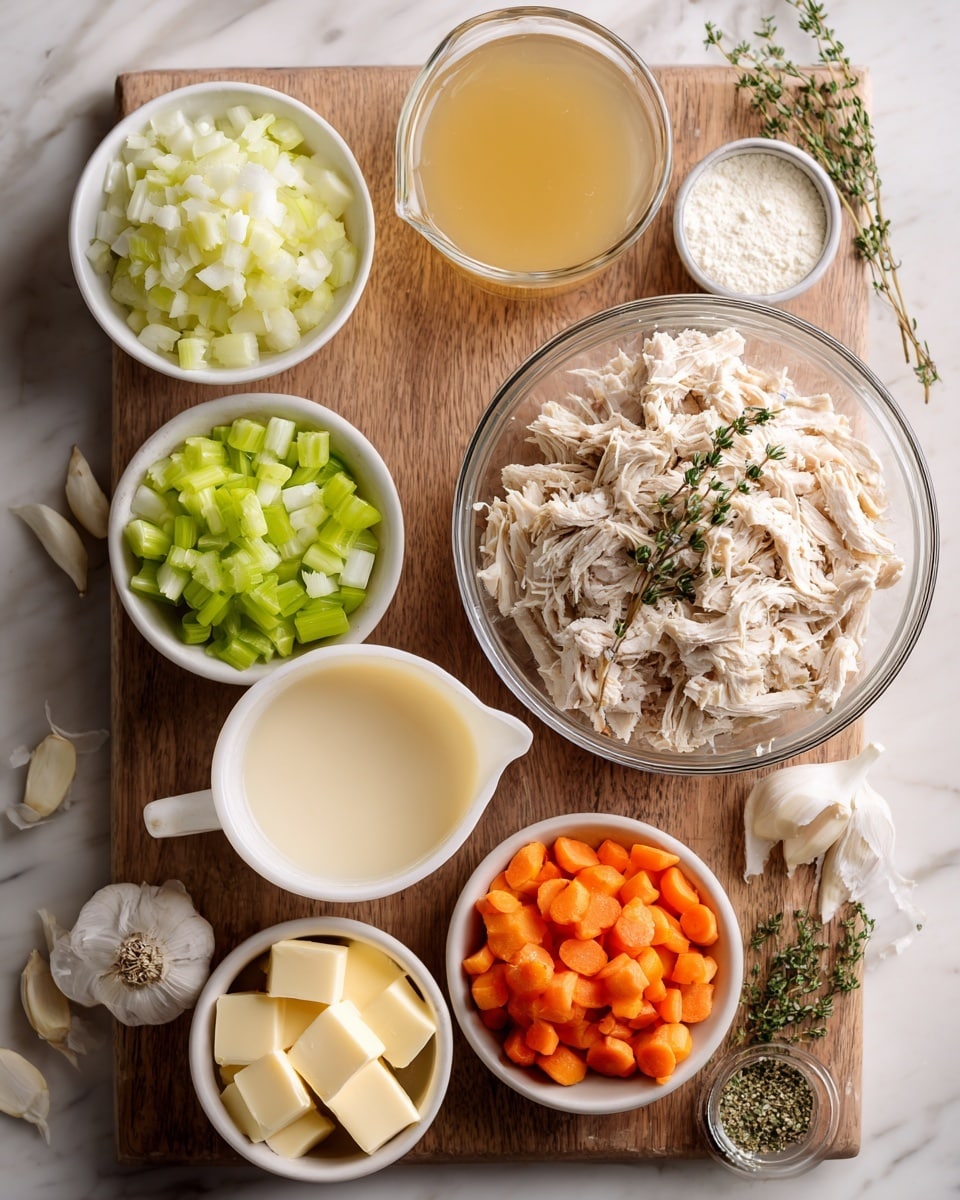 The image shows several clear and white bowls arranged on a wooden board placed on a white marbled surface. The largest clear bowl in the center holds shredded light beige chicken with a few green thyme sprigs on top, creating a soft, fibrous texture. Surrounding it are three white bowls: one with chopped green celery pieces, one with finely chopped white onion cubes, and one with thin bright orange carrot sticks. Above the chicken bowl, a clear white bowl contains light golden broth. Below the wooden board, a clear measuring cup holds light creamy evaporated milk. Nearby, a white bowl contains neatly cut pale yellow butter sticks. Around these bowls are three whole cloves of pale garlic and a small white bowl with white flour. A tiny bowl with dried green thyme completes the setup. The photo taken with an iphone --ar 4:5 --v 7