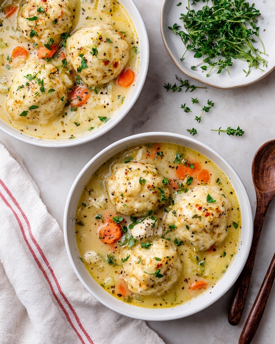 Two white bowls filled with creamy chicken and dumplings soup sit atop a white marbled surface. Each bowl contains three large, round dumplings that are light golden with a soft, textured surface, floating in a thick, pale yellow broth speckled with black pepper. The broth is mixed with thin slices of orange carrot, small chunks of white chicken, and bits of green celery. Small green herb leaves garnish the tops of the dumplings and float around the soup. Nearby, two wooden-handled spoons rest on the surface, and a white dish with fresh green herbs is placed next to a white cloth with red stripes. Photo taken with an iphone --ar 4:5 --v 7