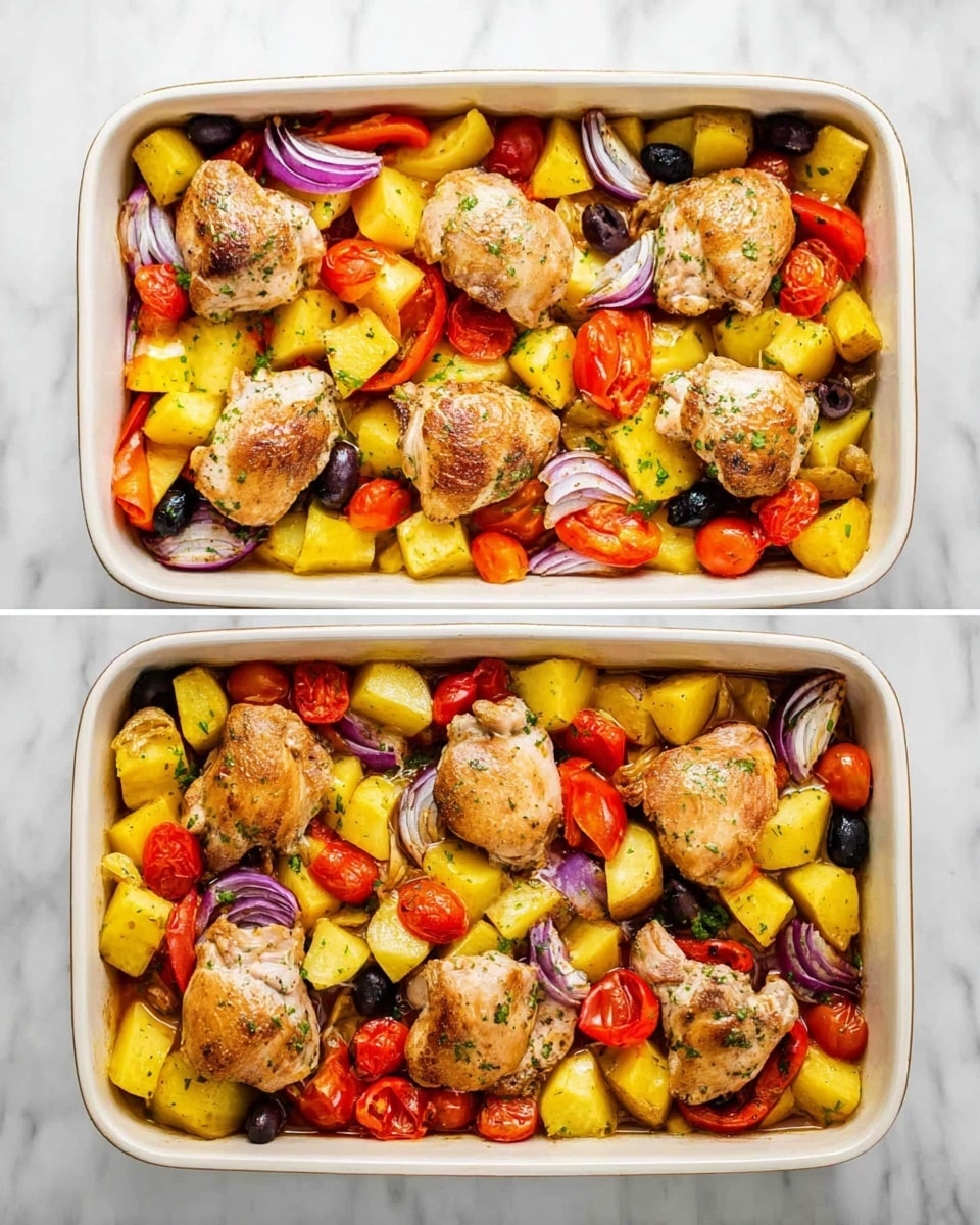 The image shows a white rectangular baking dish on a white marbled surface, filled with colorful chopped vegetables and chicken pieces. The bottom layer consists of yellow potato cubes, red bell pepper pieces, halved cherry tomatoes, black olives, and sliced red onion wedges scattered evenly. On top of this mixed vegetable layer, there are six browned chicken pieces placed in an organized way, covering most of the vegetables underneath. The chicken has a light golden brown color and slightly crispy texture. photo taken with an iphone --ar 4:5 --v 7