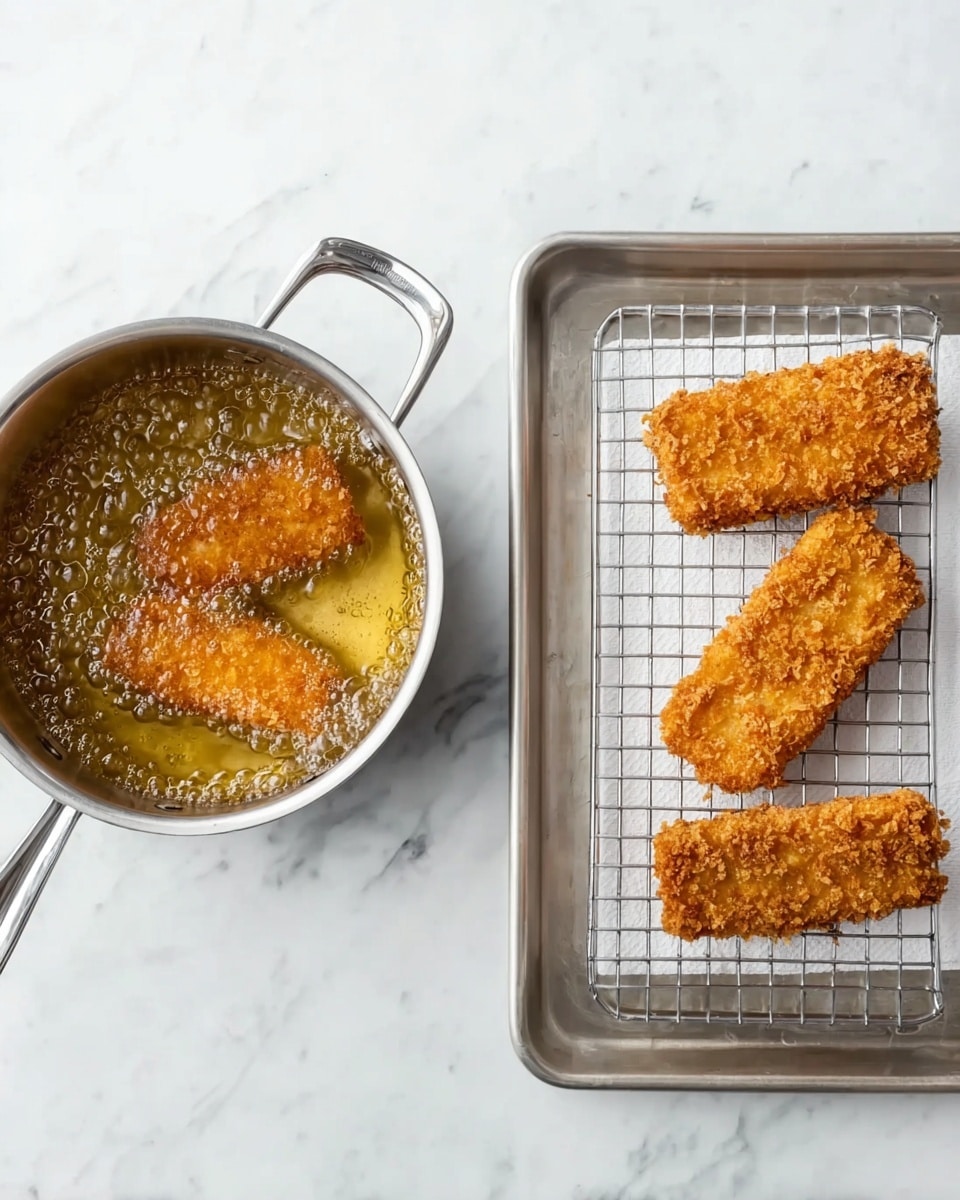The image is split into two parts. On the left, there is a silver pot with two side handles filled with bubbling hot oil frying three golden brown pieces of breaded food, showing a crispy texture. The pot sits on a white marbled surface. On the right, there is a metal tray with a white paper towel lining, holding a wire rack on top. Three golden brown, crispy breaded pieces lay on the rack, each showing a crunchy and textured coating. The tray also rests on a white marbled surface. Photo taken with an iphone --ar 4:5 --v 7