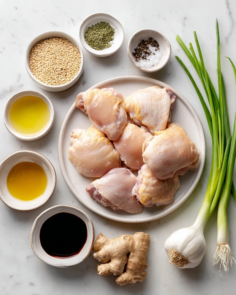 A white round plate holds six raw chicken thighs with a pale pink color and smooth texture, arranged closely in the center. Around the plate, on a white marbled surface, are several small white bowls and natural ingredients used for cooking: a small bowl with light tan sesame seeds, another with mixed salt and black pepper, one filled with dark brown soy sauce, a bowl with clear sake, a bowl with golden yellow avocado oil, a bowl with light amber honey, and a bowl with light yellow mirin. Fresh green onion lies on the surface with a white bulb and green stalks, a whole white garlic bulb, and a piece of rough light brown ginger root complete the scene. The arrangement is neat and organized, showing all ingredients clearly. Photo taken with an iphone --ar 4:5 --v 7