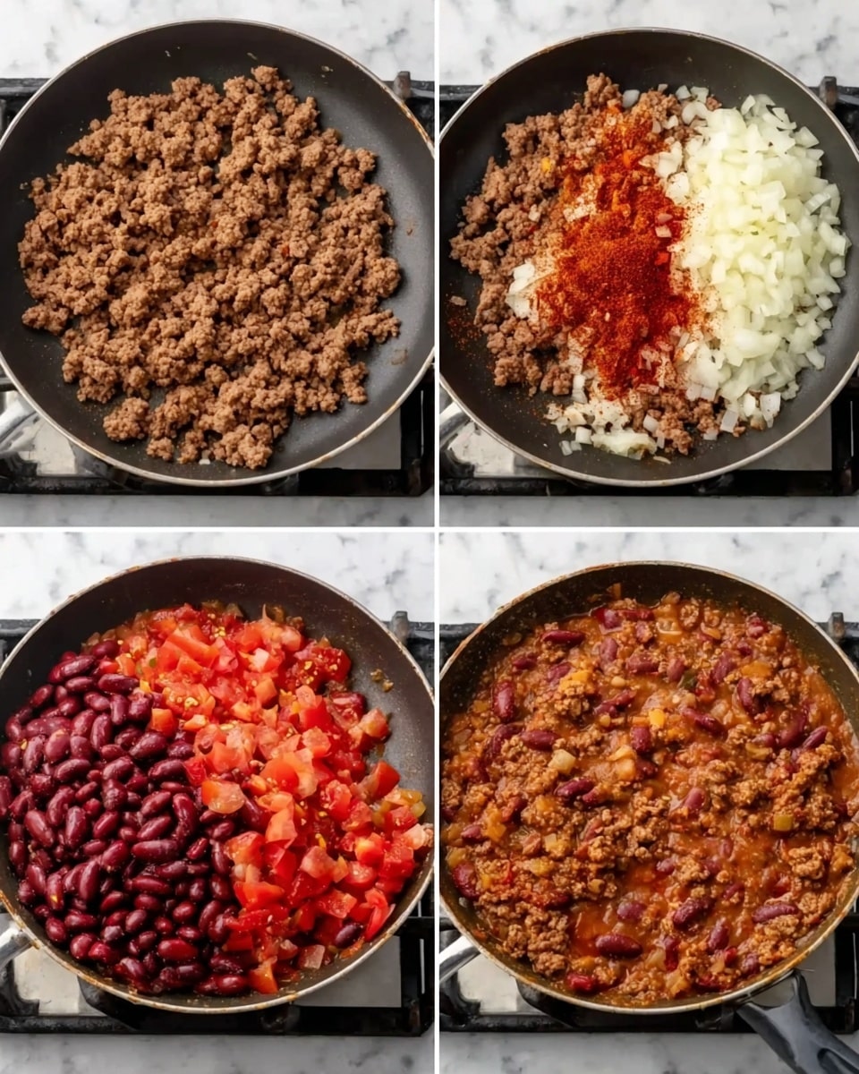 Four photos show the process of cooking ground meat chili in a black frying pan on a stove with a white marbled surface. The first photo has a layer of browned ground meat, evenly spread across the pan, with a crumbly texture and light brown color. The second photo adds a layer of chopped white onions and red spices on top of the ground meat, positioned on one side of the pan. The third photo shows a mix of kidney beans and diced tomatoes added over the cooked mixture, the beans are shiny and dark red, the tomatoes bright red and juicy, sitting on top. The last photo shows the combined chili with all ingredients mixed into a thick, chunky, reddish-brown stew filling the whole pan. Photo taken with an iphone --ar 4:5 --v 7