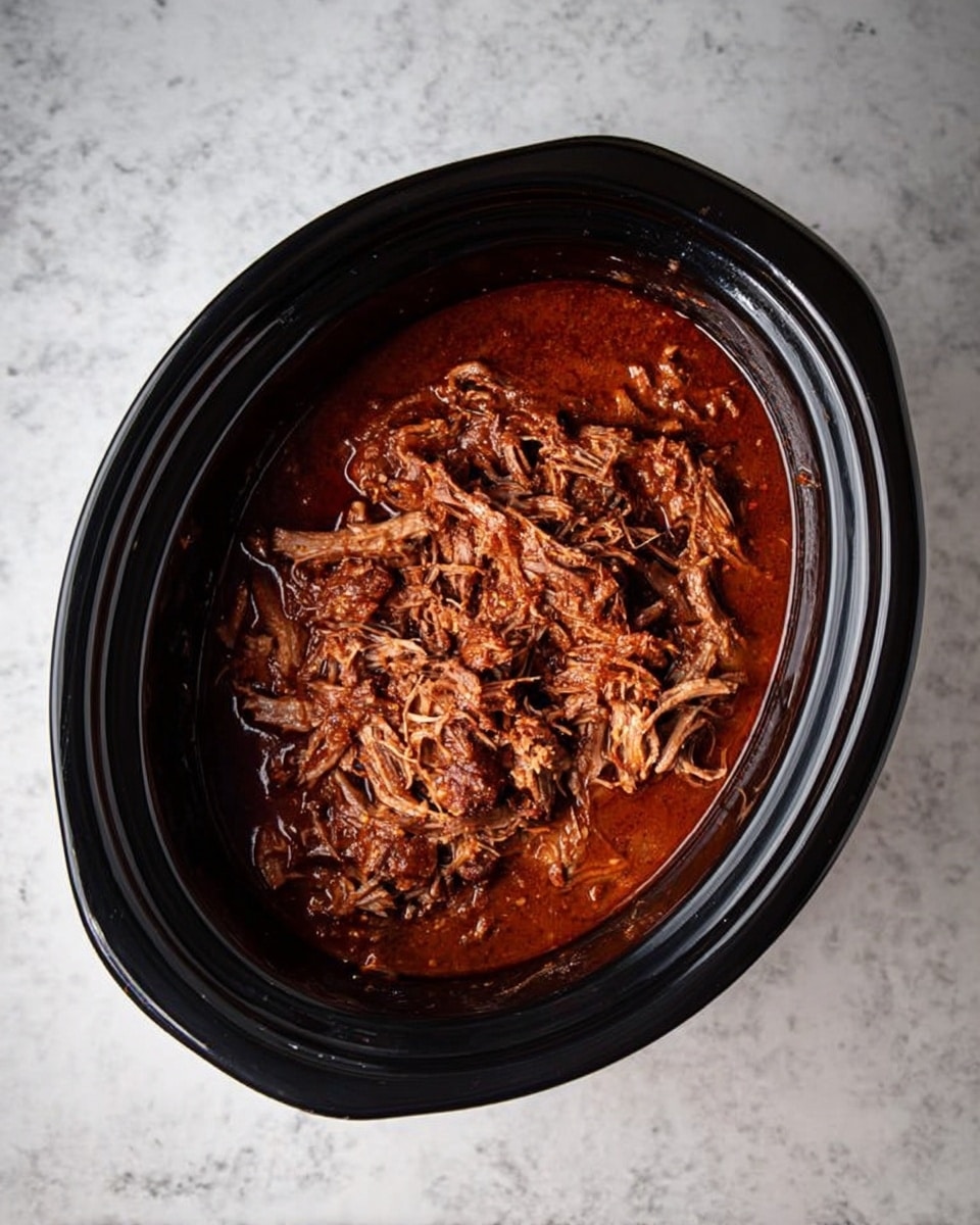 A black slow cooker filled with a thick layer of shredded brown meat sitting in a dark reddish-brown sauce, the texture of the meat is stringy and tender, the sauce looks rich and slightly oily, the cooker is placed on a white marbled surface, the image is taken from above. photo taken with an iphone --ar 4:5 --v 7