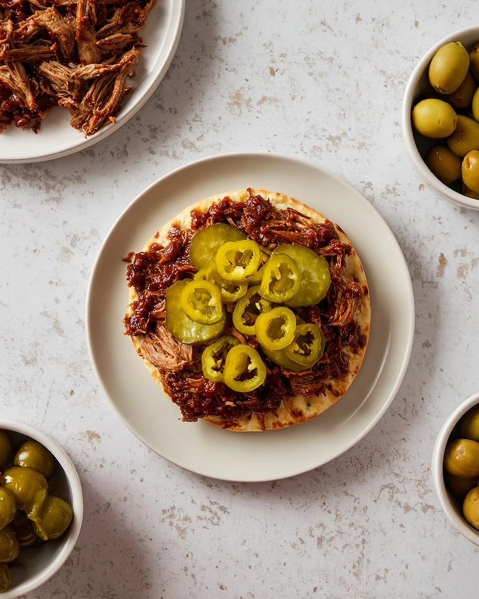 The image shows a white plate with one round flatbread as the base layer. On top of the flatbread is a dark reddish-brown layer of shredded meat spread evenly. The third layer is made of several light green pickle slices arranged on top of the meat. To finish, there are yellow-green sliced jalapeños spread over the pickles. To the upper left, there is another white plate with shredded meat, and on the upper right are two white bowls, one with green olives and one with more pickle slices. Everything is placed on a white marbled surface. Photo taken with an iphone --ar 4:5 --v 7