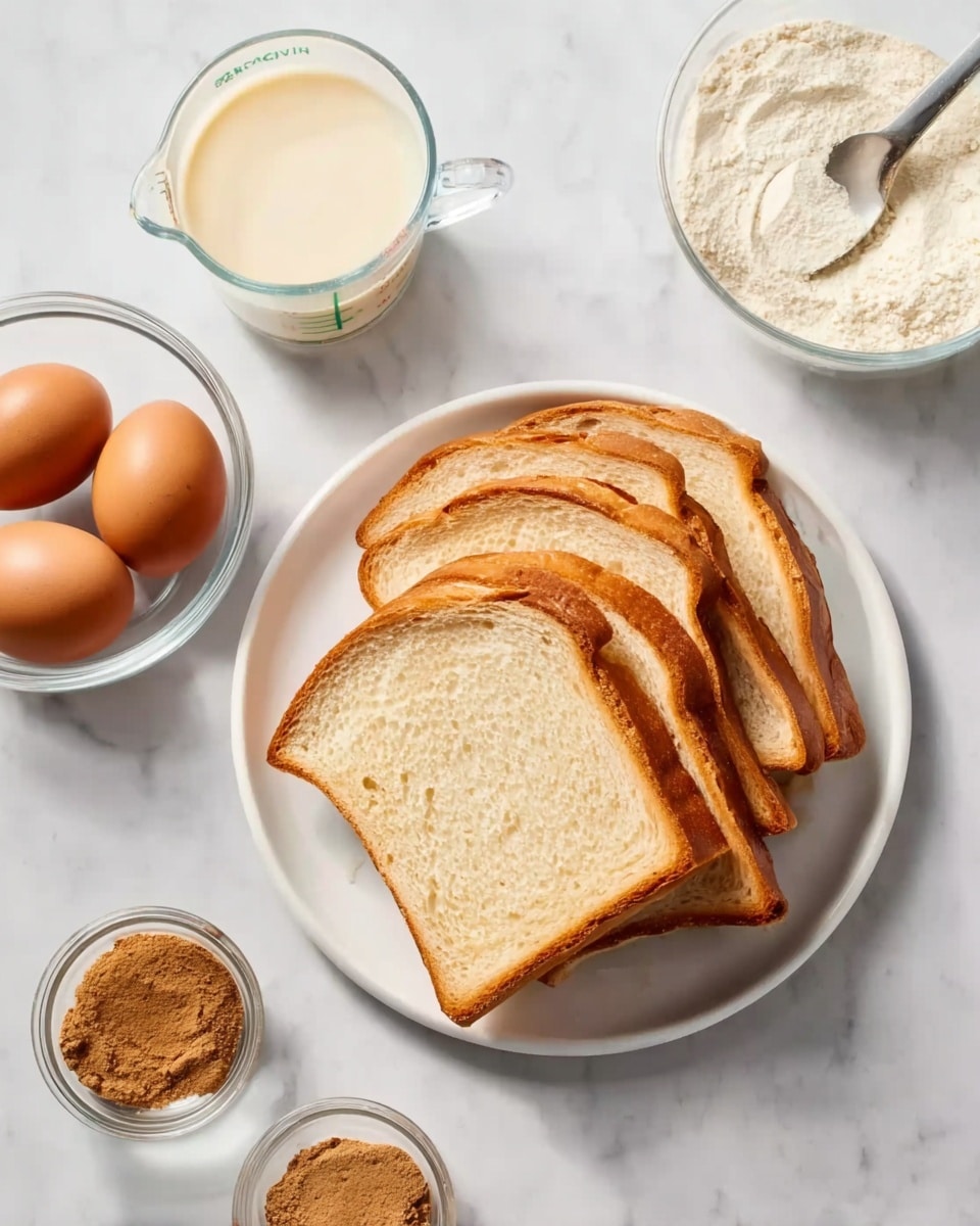 A white plate filled with several slices of light brown bread, arranged slightly stacked with the crust facing up, placed on a white marbled surface; next to it, a glass measuring cup with a light creamy liquid inside; near the top left corner, there is a small white bowl with a brown powder; below it, a small glass cup also containing brown powder; to the left of these, a clear glass bowl holding two brown eggs. Photo taken with an iphone --ar 4:5 --v 7