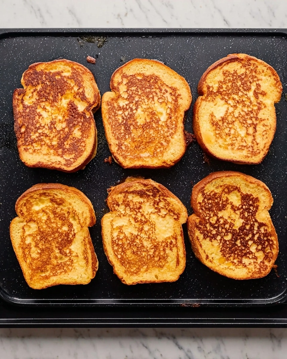 Six pieces of golden brown French toast are arranged in two rows of three on a black griddle. Each slice has an uneven, slightly crispy surface with darker browned spots scattered across the top. The bread edges are soft and rounded, with a crispy texture showing from the toasting. The griddle sits on a white marbled surface, creating a clean and bright background for the warm-colored toast photo taken with an iphone --ar 4:5 --v 7