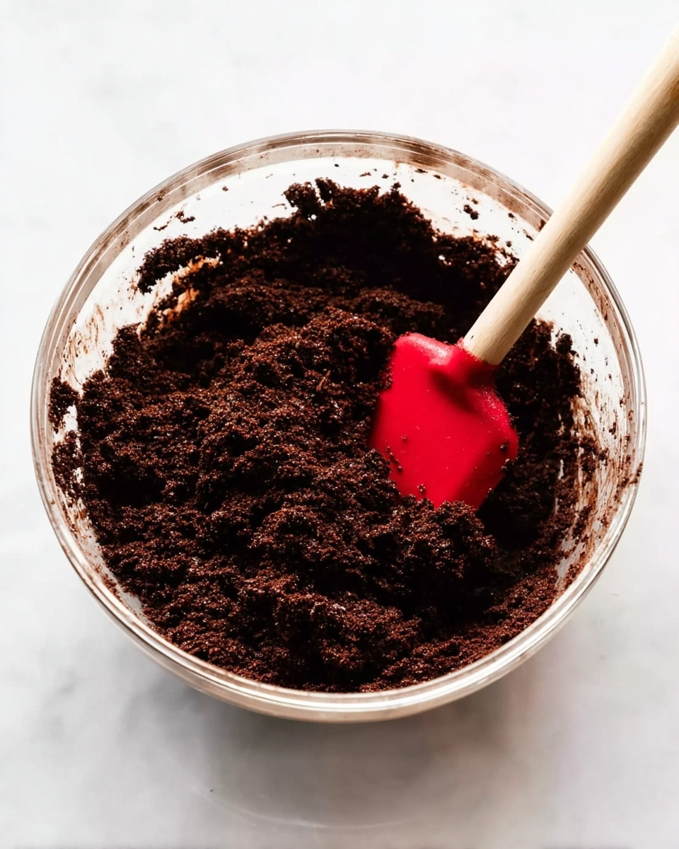 In a clear glass bowl on a white marbled surface, there is a thick, dark brown chocolate mixture with a rough, slightly crumbly texture. A red spatula with a wooden handle is partly stuck into the chocolate mixture, showing some of it clinging to the spatula’s edge. The bowl is well-lit, highlighting the rich color and texture of the chocolate mix. Photo taken with an iphone --ar 4:5 --v 7