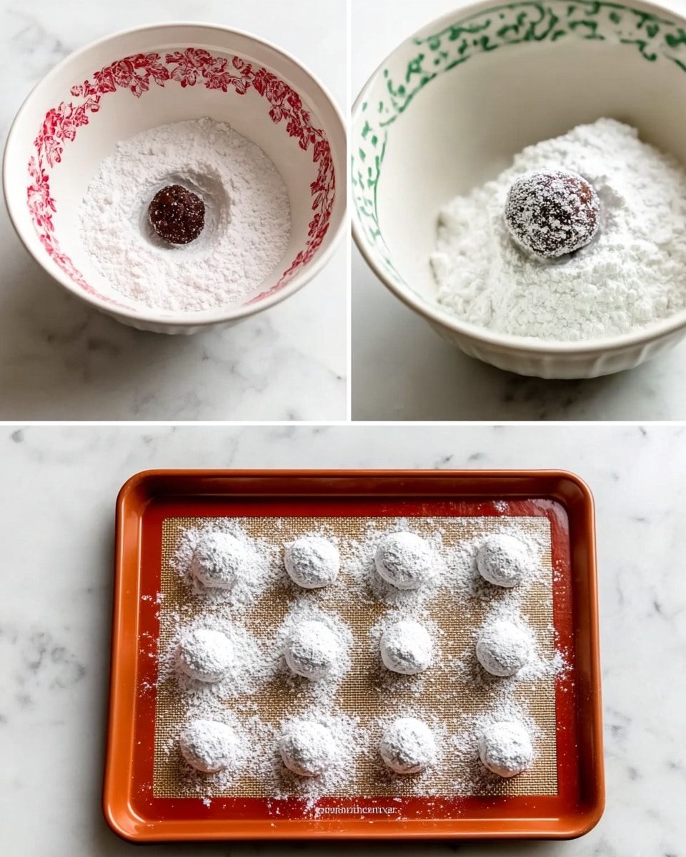 The image shows three steps of making powdered sugar-covered cookie dough balls on a white marbled surface. The first part features a small round dark brown dough ball placed inside a white bowl decorated with red floral patterns on the inside edges. The second part shows the same dough ball now sitting on top of a mound of white powdered sugar inside another white bowl that has a green circular pattern along its inner edge. The final part of the image is a tray with a brown silicone mat, holding nine evenly spaced dough balls all fully coated in white powdered sugar. The silicone mat covers most of the baking tray, and the tray is placed on the white marbled surface. photo taken with an iphone --ar 4:5 --v 7