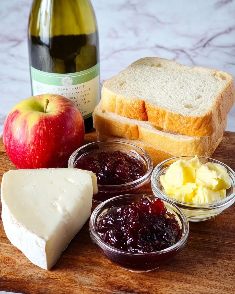 A wooden board holds several food items arranged neatly: on the left is a wedge of soft white cheese with a smooth rind, next to it is a round red and yellow apple with a shiny surface. Behind the apple is a bottle of white wine with a green and white label. To the right are two thick slices of light golden bread stacked slightly on top of each other. In front of the bread are two small clear glass bowls, one filled with dark red thick jam with visible fruit pieces, and the other with softened yellow butter. The background is a white marbled texture. Photo taken with an iphone --ar 4:5 --v 7