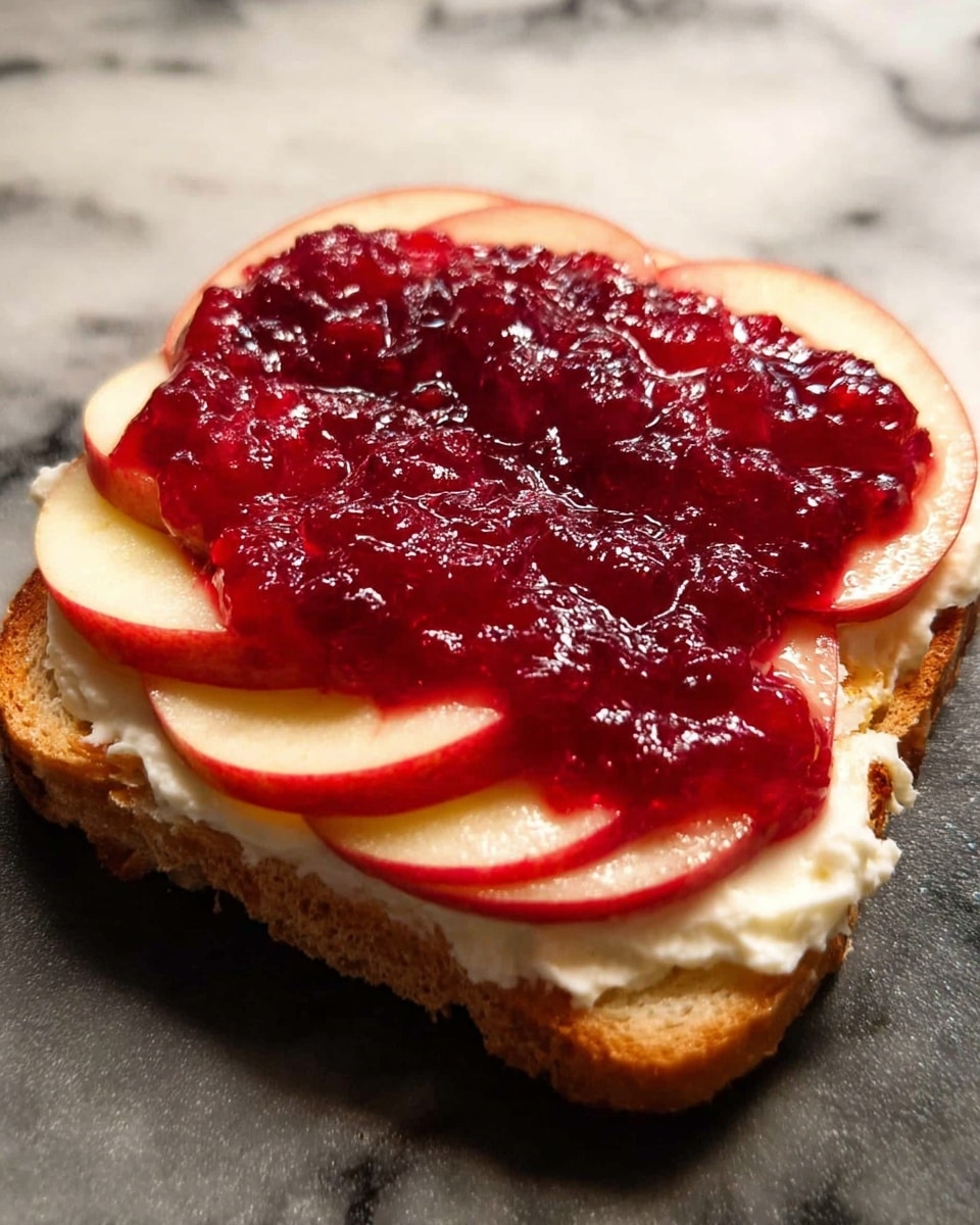 A slice of bread with a soft white layer of cream cheese spread evenly on top. On top of the cream cheese, there are several thin, round slices of red apple arranged in a single layer. Over the apple slices, a thick, bright red layer of chunky cranberry sauce covers most of the surface. The bread sits on a white marbled surface, with the textures of the soft cream cheese, smooth apple slices, and the glossy, textured cranberry sauce clearly visible. photo taken with an iphone --ar 4:5 --v 7