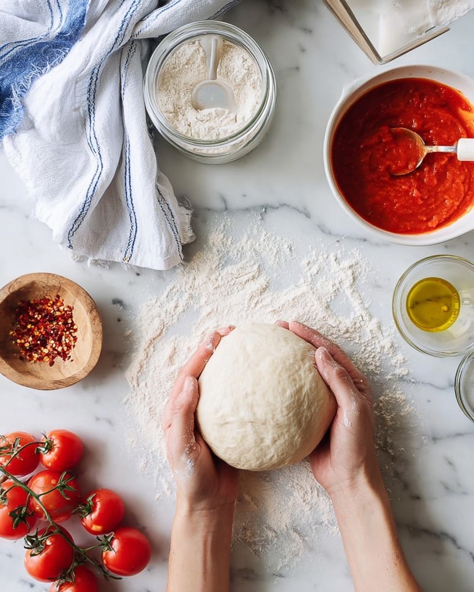 A woman’s hands hold a smooth, round ball of dough in the center on a white marbled surface dusted with flour forming a rough circle around the dough. To the top right, there is a white bowl filled with bright red tomato sauce with a spoon inside. Above the dough is a glass jar of flour with a white measuring scoop, and next to it a small jar of olive oil. To the left, a bunch of fresh cherry tomatoes on a vine rest near a small wooden bowl containing red chili flakes. A white towel with blue stripes is folded loosely in the upper left corner. The photo taken with an iphone --ar 4:5 --v 7