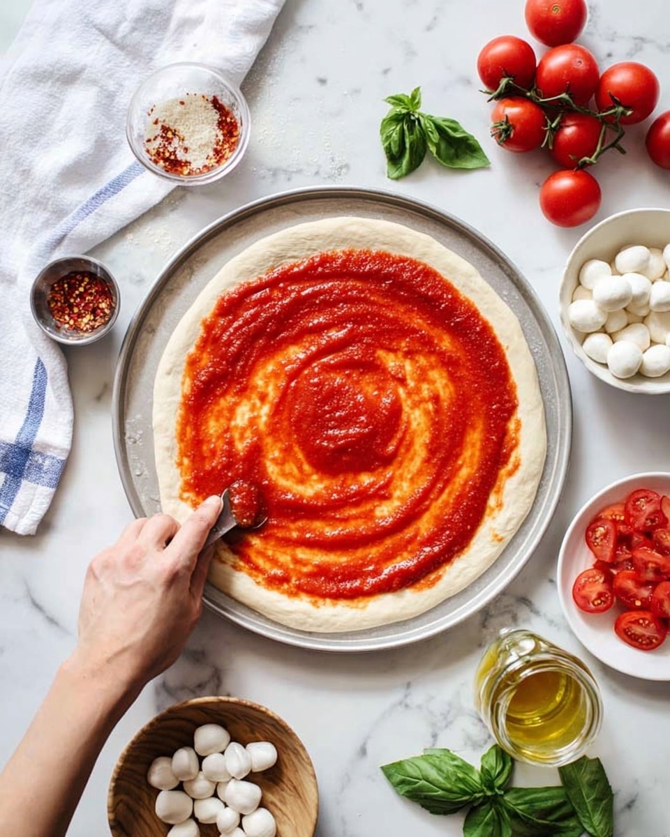 A round pizza dough base sits on a round baking tray, with a woman's hand spreading a bright red tomato sauce in a swirl pattern on the center of the dough, starting thin in the middle and thicker as it moves outward. Around the tray, there are fresh green basil leaves and a bunch of small red cherry tomatoes, a white bowl with sliced white mozzarella balls, and a small white plate with sliced red tomatoes. There is also a small glass jar of olive oil and a wooden dish with red chili flakes on a white marbled surface. A white cloth with blue stripes is folded in the top left corner. Photo taken with an iphone --ar 4:5 --v 7