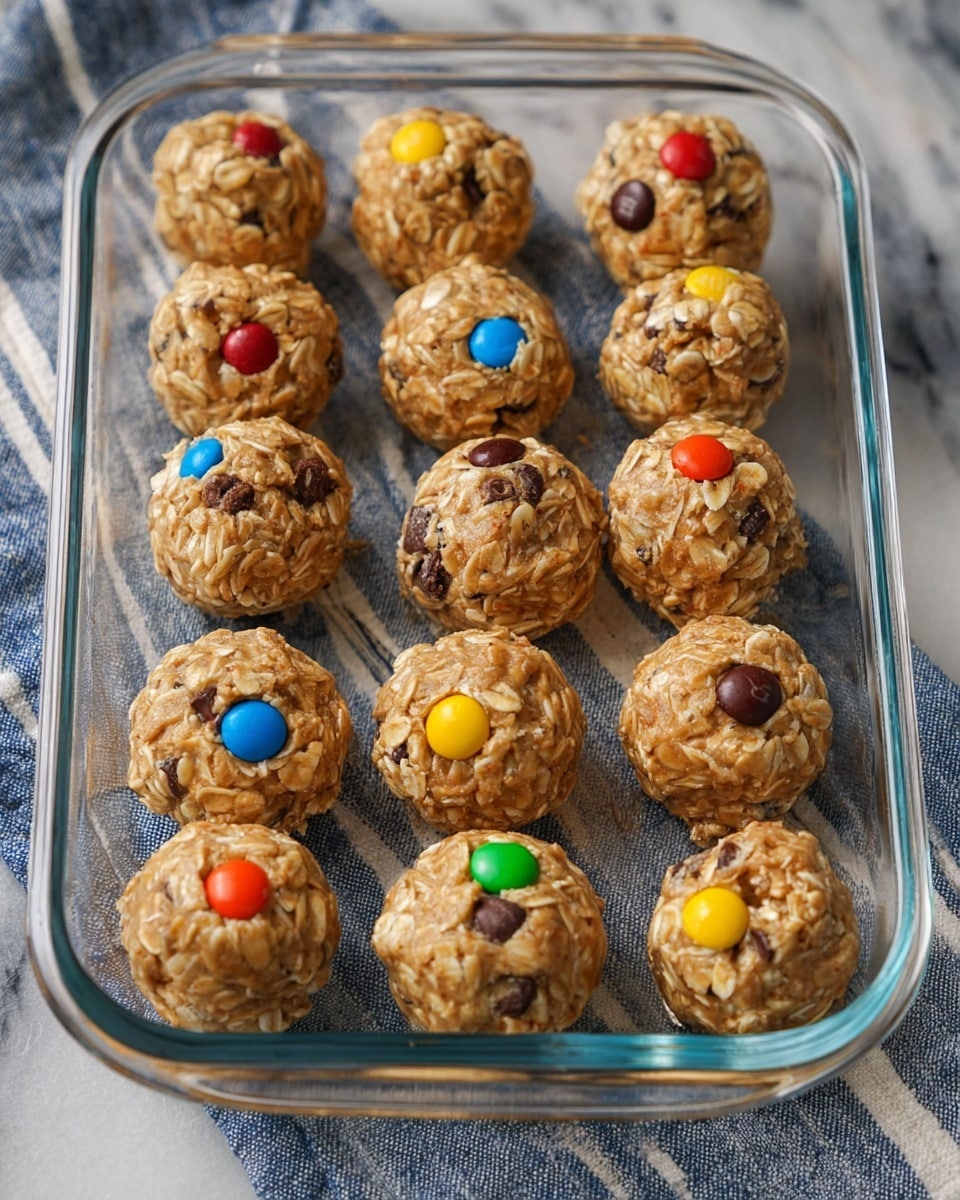 A clear glass rectangular dish holds 18 round oat balls arranged neatly in rows. Each ball has a rough textured surface made of oats mixed with peanut butter, showing light brown and creamy beige colors. Several balls are decorated with colorful candy-coated chocolates in red, yellow, green, orange, and blue, adding bright spots among the oats. Other balls have dark brown chocolate chips peeking through the mix. The dish rests on a white marbled surface with a blue and white striped cloth partially visible underneath. The lighting is soft and natural, highlighting the texture and colors of the oat balls photo taken with an iphone --ar 4:5 --v 7