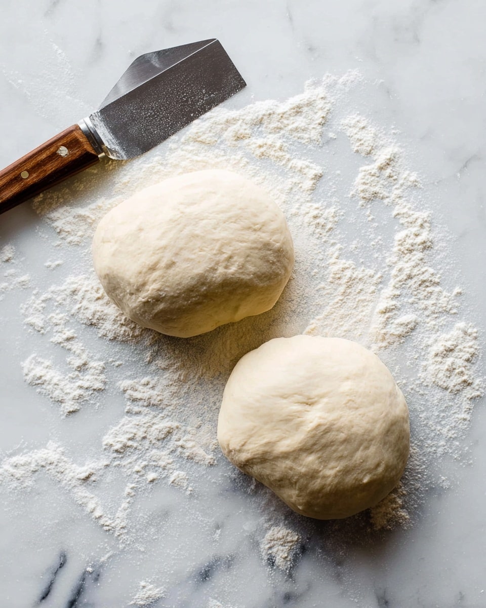 Two balls of smooth, pale dough sit on a white marbled surface dusted with loose white flour around them. One dough ball is slightly more rounded and larger, placed near the top right side, while the other is slightly flatter and positioned lower on the left side. A metal dough scraper with a wooden handle rests on the top left corner, partially touching the surface. The dough looks soft and slightly shiny, showing stretched areas and light dimples. photo taken with an iphone --ar 4:5 --v 7