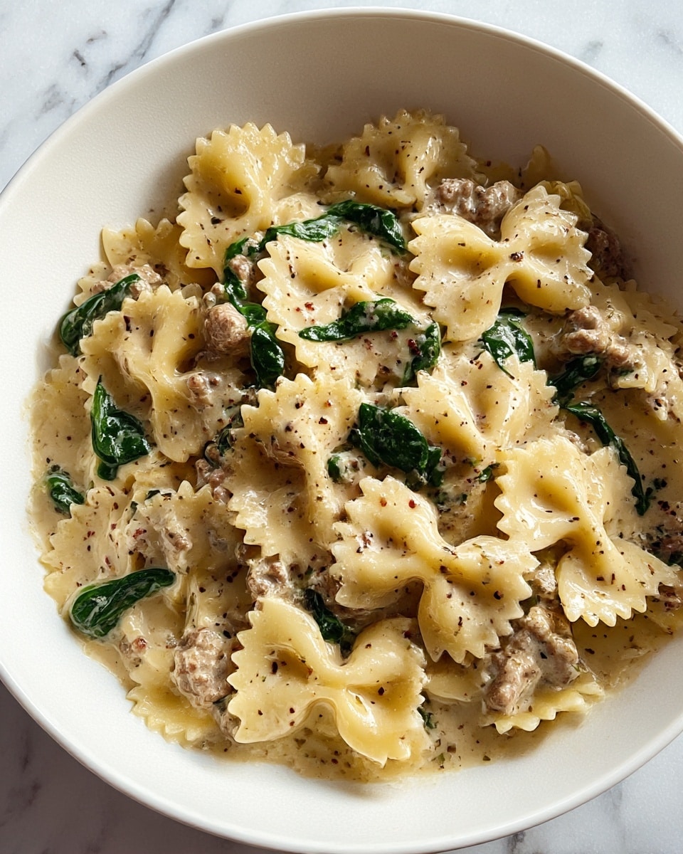 A white bowl filled with farfalle pasta in a creamy sauce with small brown meat pieces and dark green spinach leaves mixed throughout. The sauce is light beige with visible specks of black pepper and herbs, coating the pasta and meat evenly. The pasta is firm and slightly shiny, with soft edges, sitting atop the sauce. The background is a white marbled surface. photo taken with an iphone --ar 4:5 --v 7