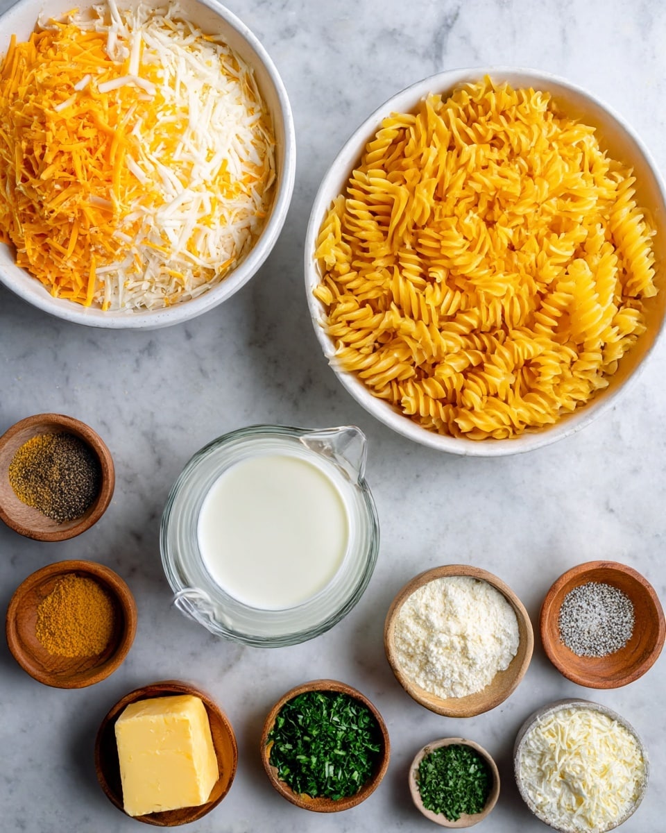 The image shows an overhead view of various ingredients arranged on a white marbled surface. On the top left is a white bowl filled with shredded yellow and white cheese, and below it, another white bowl with finely shredded orange cheese. To the right of the cheese bowls is a white bowl filled with uncooked yellow spiral pasta. In the center, there is a clear glass measuring cup with white milk. Surrounding these main items are small wooden bowls holding different ingredients: a small amount of yellow mustard, ground black pepper, coarse white salt, chopped green herbs, a square piece of pale yellow butter, a bowl of white flour, and finely shredded white cheese. The scene is neatly organized with a clear focus on the contrasting colors and textures of the ingredients, photo taken with an iphone --ar 4:5 --v 7