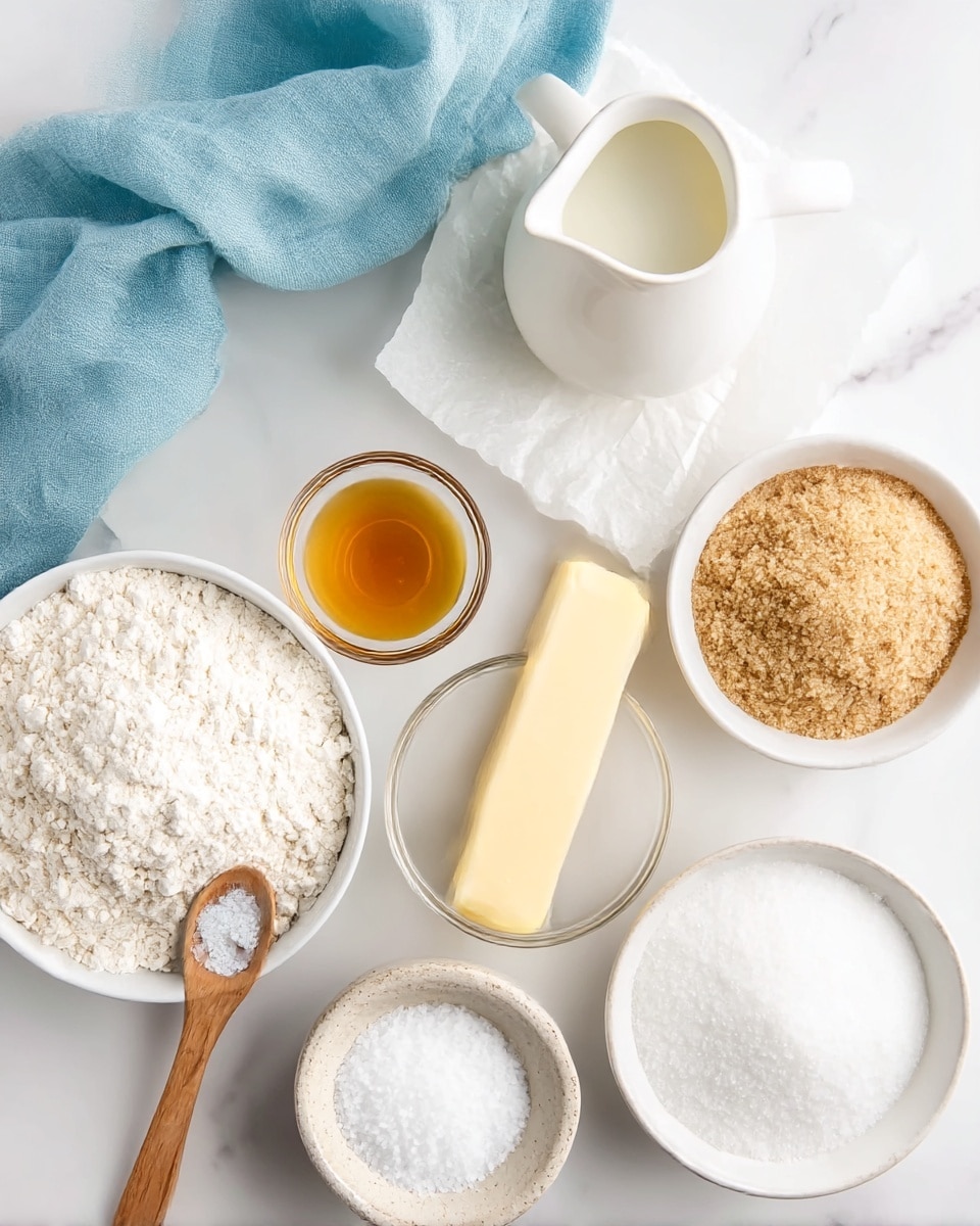 A top view of baking ingredients arranged on a white marbled surface, including a white bowl filled with white flour at the bottom left, a white bowl with light brown sugar at the top right, a white bowl with white granulated sugar at the bottom right, a stick of pale yellow butter on open white parchment paper near the top center, a small glass bowl with golden vanilla extract in the middle, a white ceramic jug of white milk near the top left, and a small wooden spoon with coarse white salt resting on a small round white ceramic container at the bottom left, with a light blue cloth draped loosely at the top left photo taken with an iphone --ar 4:5 --v 7