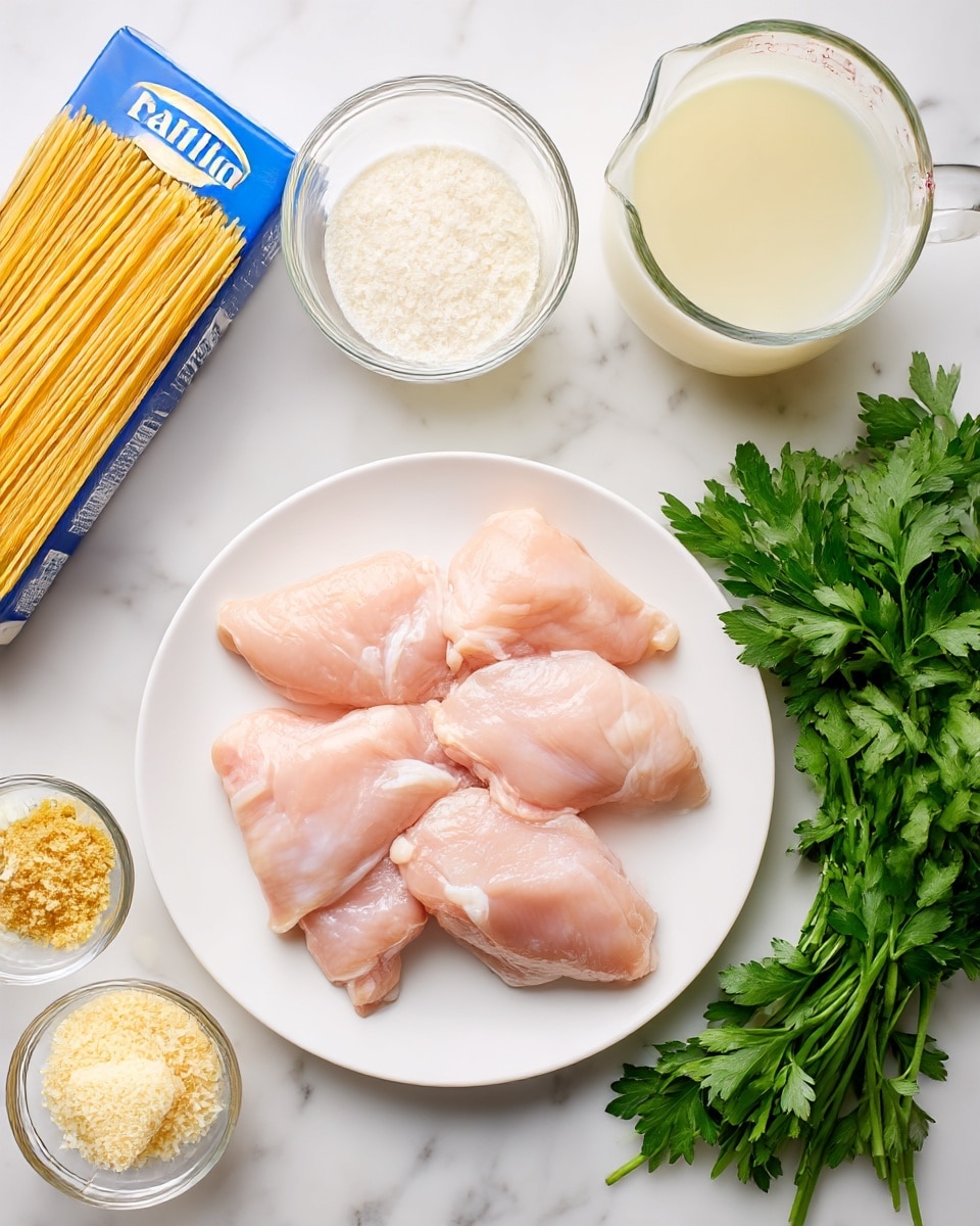 The image shows raw chicken pieces placed in the center of a white plate on a white marbled surface. Around the plate, there are different ingredients: a blue box of uncooked spaghetti pasta on the left, a small glass bowl of grated cheese below the plate, and a small glass bowl with minced garlic next to it. Above the plate, there is a glass measuring cup filled with milk and next to it, another glass measuring cup filled with broth. On the right side of the plate, there is a bunch of fresh green parsley. The whole setup is brightly lit, giving a fresh and clean look, photo taken with an iphone --ar 4:5 --v 7