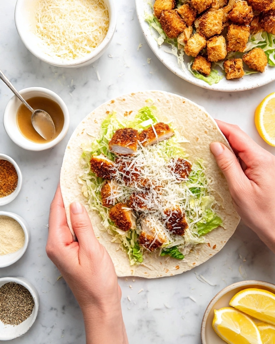 A white tortilla held by two woman's hands contains a layer of green shredded lettuce at the bottom with small pieces of golden-brown crispy chicken layered on top. Over the chicken, there is a sprinkling of grated white cheese. Around the tortilla, there are small white bowls placed on a white marbled surface: one bowl has sauce with a spoon, another has grated cheese, a third has golden croutons, and the largest bowl holds more pieces of crispy chicken with a lemon wedge on the edge. There is also a plate with several lemon wedges and a small bowl containing salt and pepper visible in the corner. The photo taken with an iphone --ar 4:5 --v 7