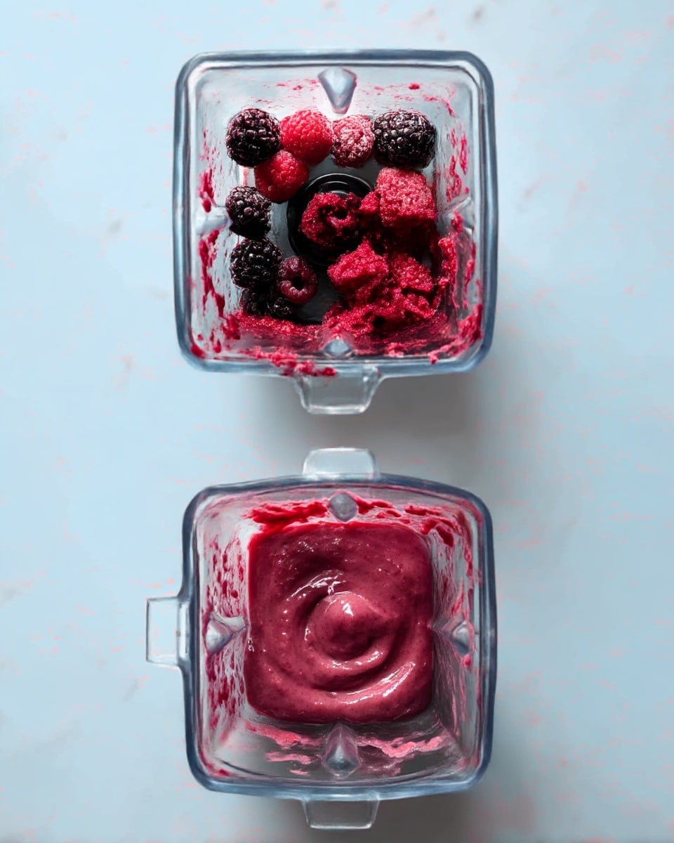 The image shows a top view of a blender with three stages of a berry smoothie preparation on a white marbled surface. The first stage has whole frozen berries in dark purple and bright red colors, sitting in the clear blender container. The second stage shows the partially blended mixture, with a chunky dark red and purple texture around the blades and sides. The last stage reveals the smooth, thick puree, with a creamy purple color filling the blender container evenly. Photo taken with an iphone --ar 4:5 --v 7