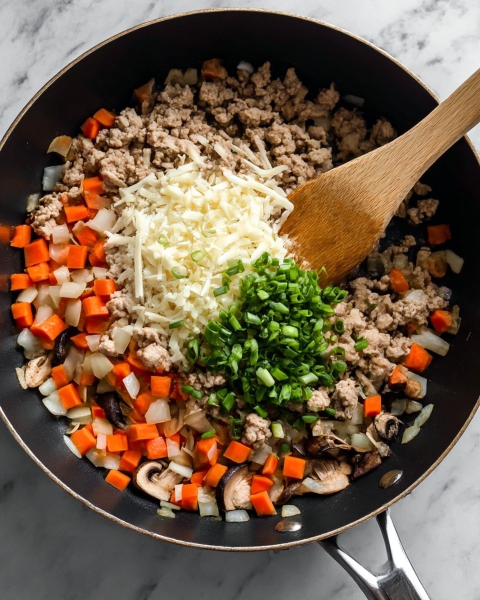 A close-up top view of a black pan filled with layers of diced vegetables and cooked meat. The bottom layer has small cubes of orange carrot mixed with white onion pieces and darker mushroom bits spread evenly around the pan. On top of this is a thick layer of cooked minced meat in a light brown color. In the center of the meat, there is a pile of shredded white cheese, sprinkled with sliced green onions mostly on one side. A wooden spoon is stirring the ingredients on the right side of the pan. The pan handle is facing up, and the background is a white marbled texture. Photo taken with an iphone --ar 4:5 --v 7
