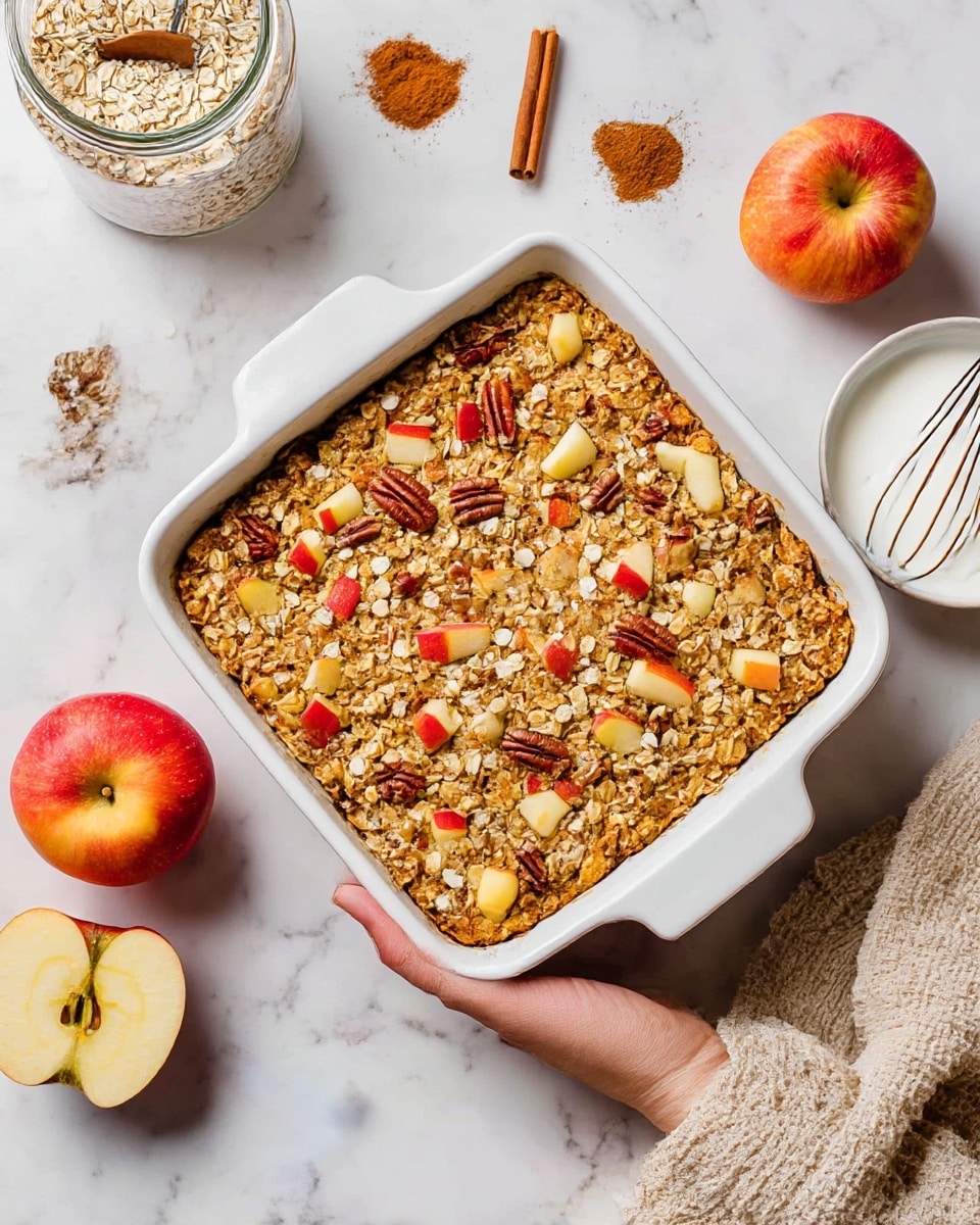 The image shows a square white ceramic baking dish filled with a golden-brown oatmeal and apple bake topped with chopped apples, oats, and pecans. The surface is textured with scattered pieces of red and yellow apple and crunchy nut bits evenly spread over the top layer. The dish rests on a white marbled surface with two whole red and yellow apples beside it, a jar of oats, two cinnamon sticks, a spoonful of cinnamon, and a bowl of white cream with a whisk made by a woman's hand nearby, with a beige textured cloth on the right. Photo taken with an iphone --ar 4:5 --v 7