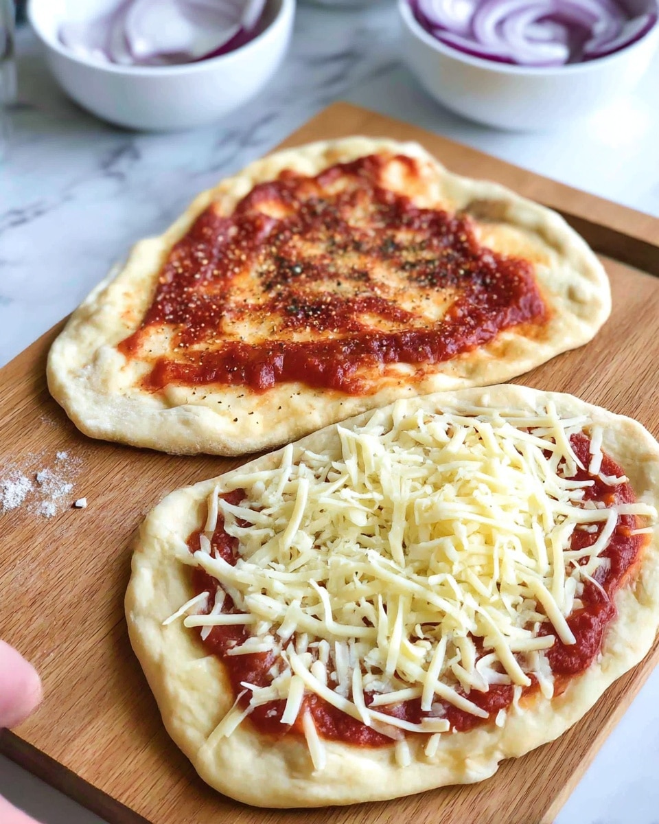 The image shows two pieces of flatbread on a wooden board, each with different layers of toppings. The flatbread shape is irregular and light golden brown. The piece at the back has one layer of red tomato sauce spread unevenly with some black pepper sprinkled on top. The piece at the front has a base layer of red tomato sauce and is covered with a generous amount of shredded pale yellow cheese. Both flatbreads have a soft, slightly puffy texture. In the background, there are white bowls with sliced red onions on a white marbled surface. Photo taken with an iphone --ar 4:5 --v 7
