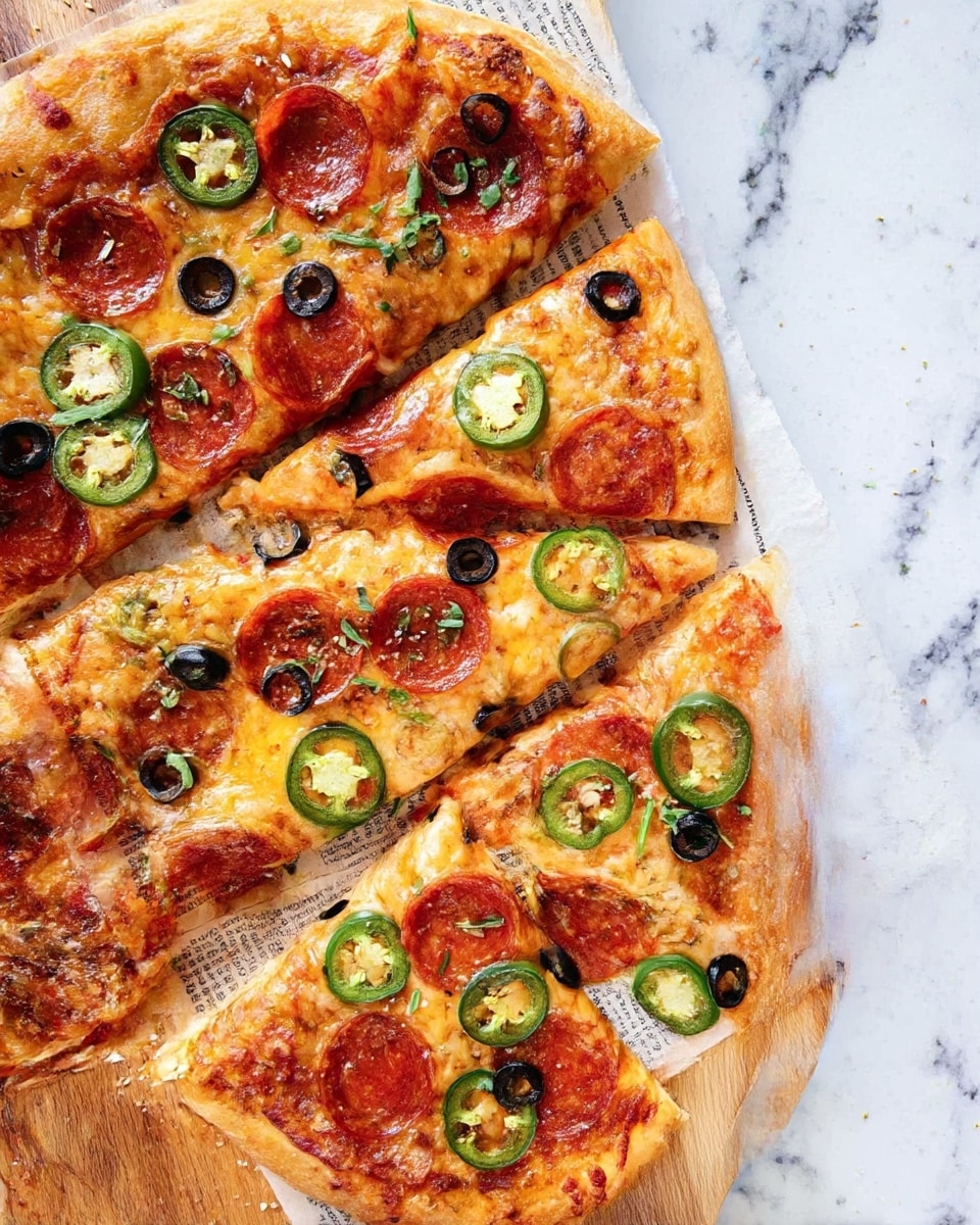 This image shows a close-up of a slice of vegetable pizza with three visible layers: a thick light golden crust at the bottom, a melted light orange cheese layer, and a topping layer with small round red cherry tomato slices, dark green jalapeño rings, sliced black olives, and bits of green herbs sprinkled on top. The pizza slice is placed on a piece of rustic paper with printed text, and there are other pizza slices around it. The surface beneath is a white marbled texture. Photo taken with an iphone --ar 4:5 --v 7
