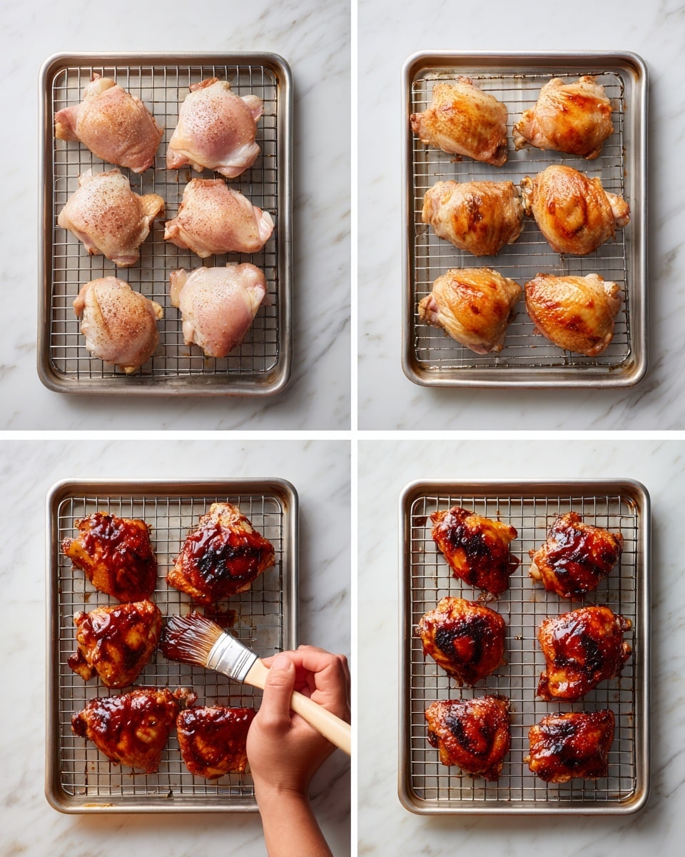 The image is divided into four parts, each showing a metal baking tray with a wire rack, placed on a white marbled surface. The top-left section shows nine pieces of raw chicken thighs, light pink with some seasoning and spices, arranged neatly in three rows. The top-right section shows the same pieces after cooking, now pale beige with roasted texture and light seasoning. The bottom-left section shows a woman's hand brushing shiny, dark reddish-brown barbecue sauce on the cooked chicken pieces, covering them evenly. The bottom-right section shows the finished chicken pieces after grilling, now glazed with a rich dark red-orange color and charred spots, arranged similarly. Photo taken with an iphone --ar 4:5 --v 7