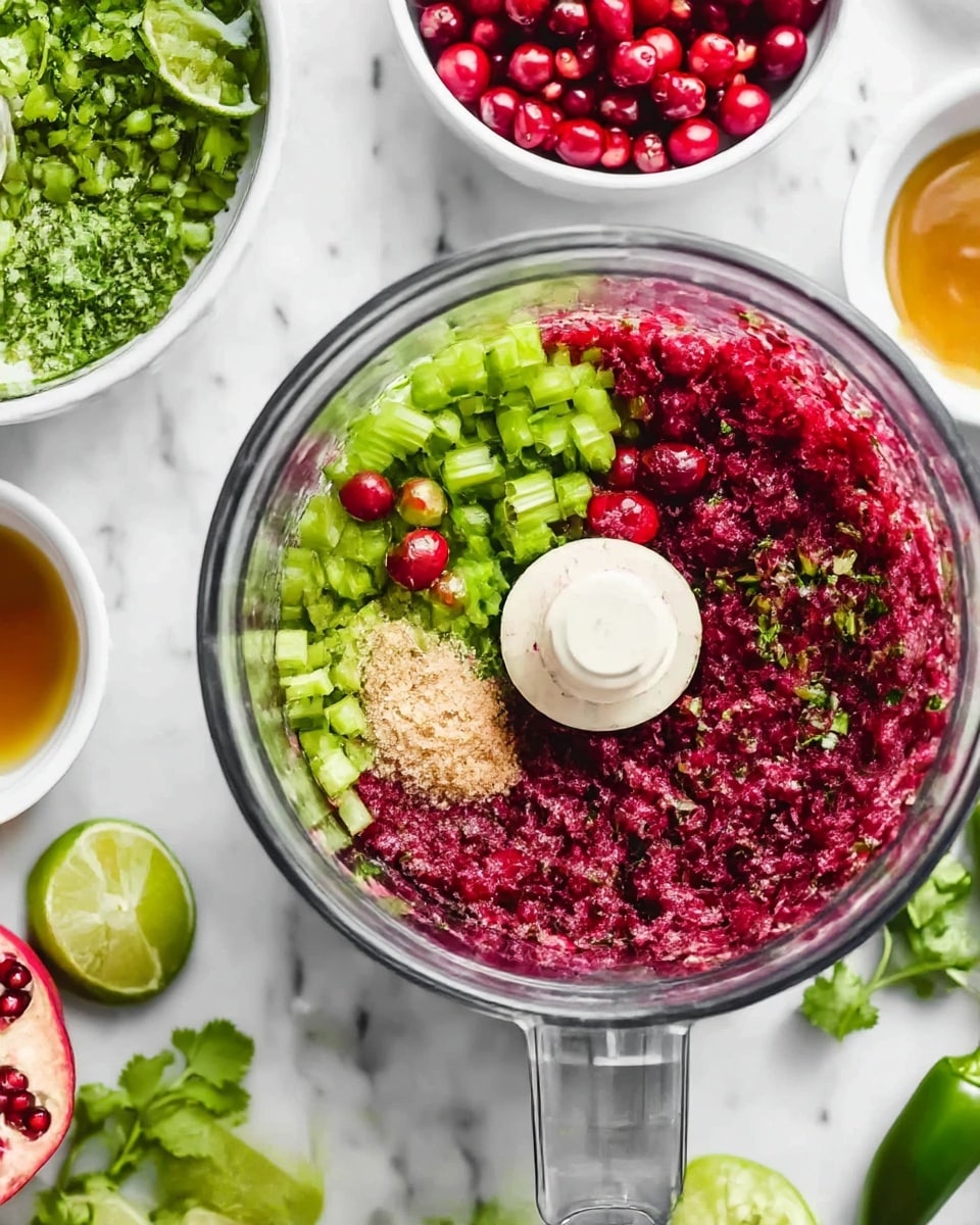 The image shows a top view of a clear food processor bowl placed on a white marbled surface. Inside the bowl, several layers create a fresh and colorful mix: bright red whole cranberries, light green chopped celery sticks, deep green chopped scallions, finely chopped light green herbs, a small heap of light beige brown sugar, and zested lime. Around the bowl on the marble surface, there are bright green lime halves, fresh sprigs of cilantro, a white bowl with golden honey, a halved white bowl with pomegranate seeds, and whole jalapeño peppers. The second part of the image shows the ingredients in the food processor blended together into a finely chopped, vibrant mix with red, green, and specks of light beige visible. Photo taken with an iphone --ar 4:5 --v 7