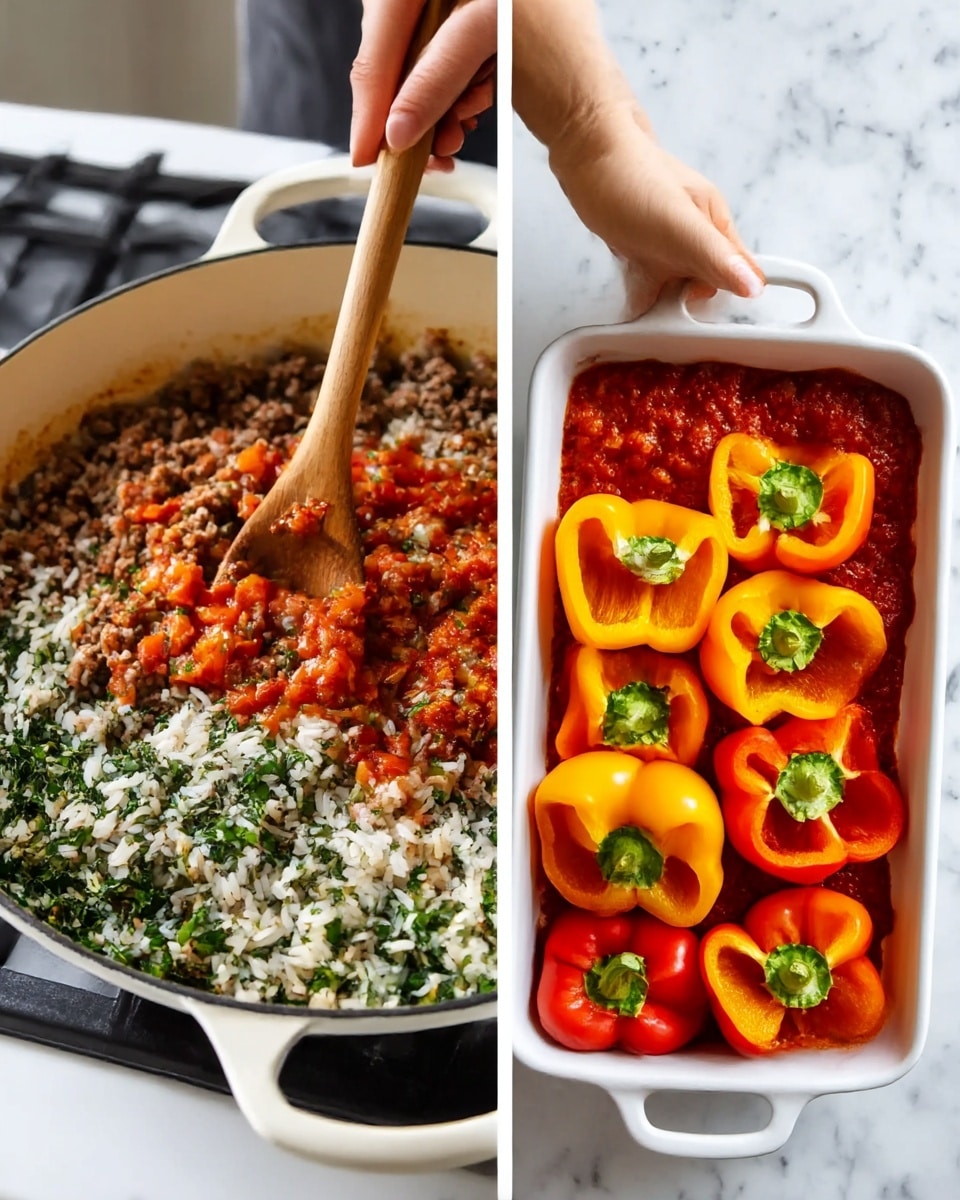 The image shows two scenes side by side: on the left, a white cast iron skillet on a stove holds a mixture of browned ground meat, white rice, chopped greens, and chunks of red tomato sauce, with a woman's hand stirring it using a wooden spatula; on the right, a white rectangular baking dish is filled with a layer of red tomato sauce and topped with halved yellow and red bell peppers arranged neatly, their green stems facing up, all placed on a white marbled surface. photo taken with an iphone --ar 4:5 --v 7