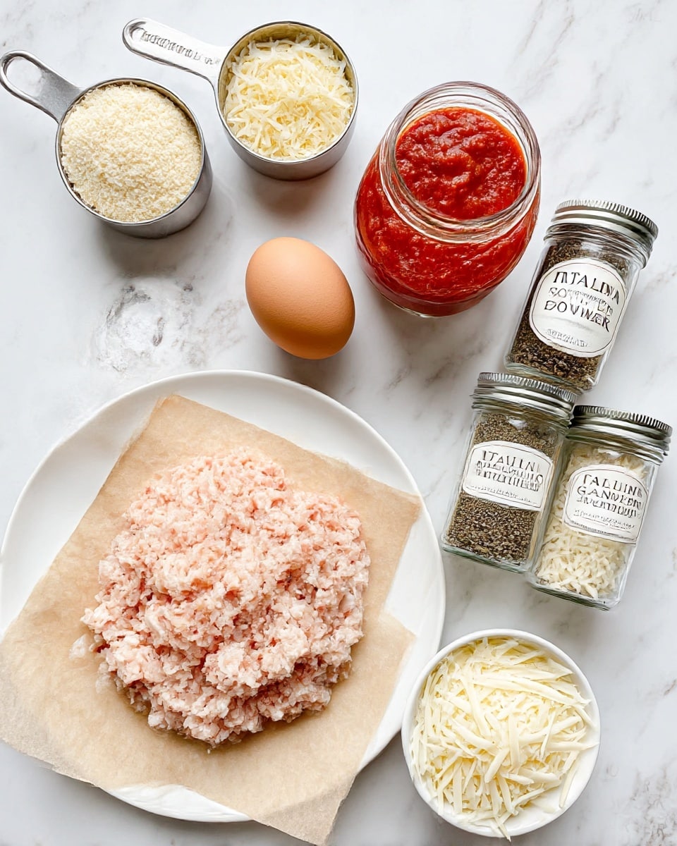 The image shows a white plate lined with brown parchment paper holding a mound of light pink raw ground chicken in the bottom left. To the top left of the ground chicken are two silver measuring cups filled with light beige panko breadcrumbs and pale yellow grated parmesan cheese. To the right of the measuring cups is a single brown egg. Above the egg is a glass jar filled with bright red marinara sauce. Below the sauce jar are two glass spice jars labeled