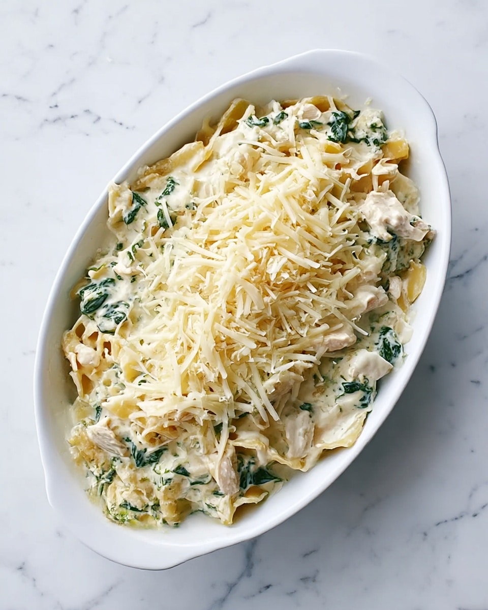 A white oval dish filled with creamy pasta layered with pieces of white chicken and green spinach mixed in, topped with a layer of shredded white cheese. The pasta looks soft and covered with sauce, with the cheese spread evenly on the top. The dish sits on a white marbled surface. Photo taken with an iphone --ar 4:5 --v 7