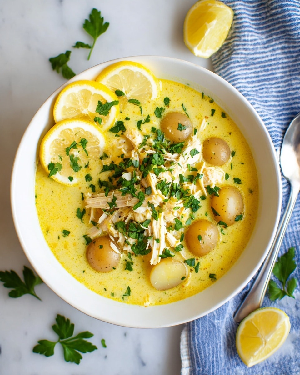 A white bowl filled with a yellow creamy soup layered with shredded pale yellow chicken pieces and small round light brown potatoes scattered throughout. The soup is garnished with bright green chopped herbs spread on top, and three thin lemon slices with green parsley leaves rest on the left edge of the bowl. The bowl sits on a white marbled surface with a silver spoon and blue-and-white striped cloth to the upper right. Additional lemon wedges and parsley leaves are placed around the bowl. Photo taken with an iphone --ar 4:5 --v 7